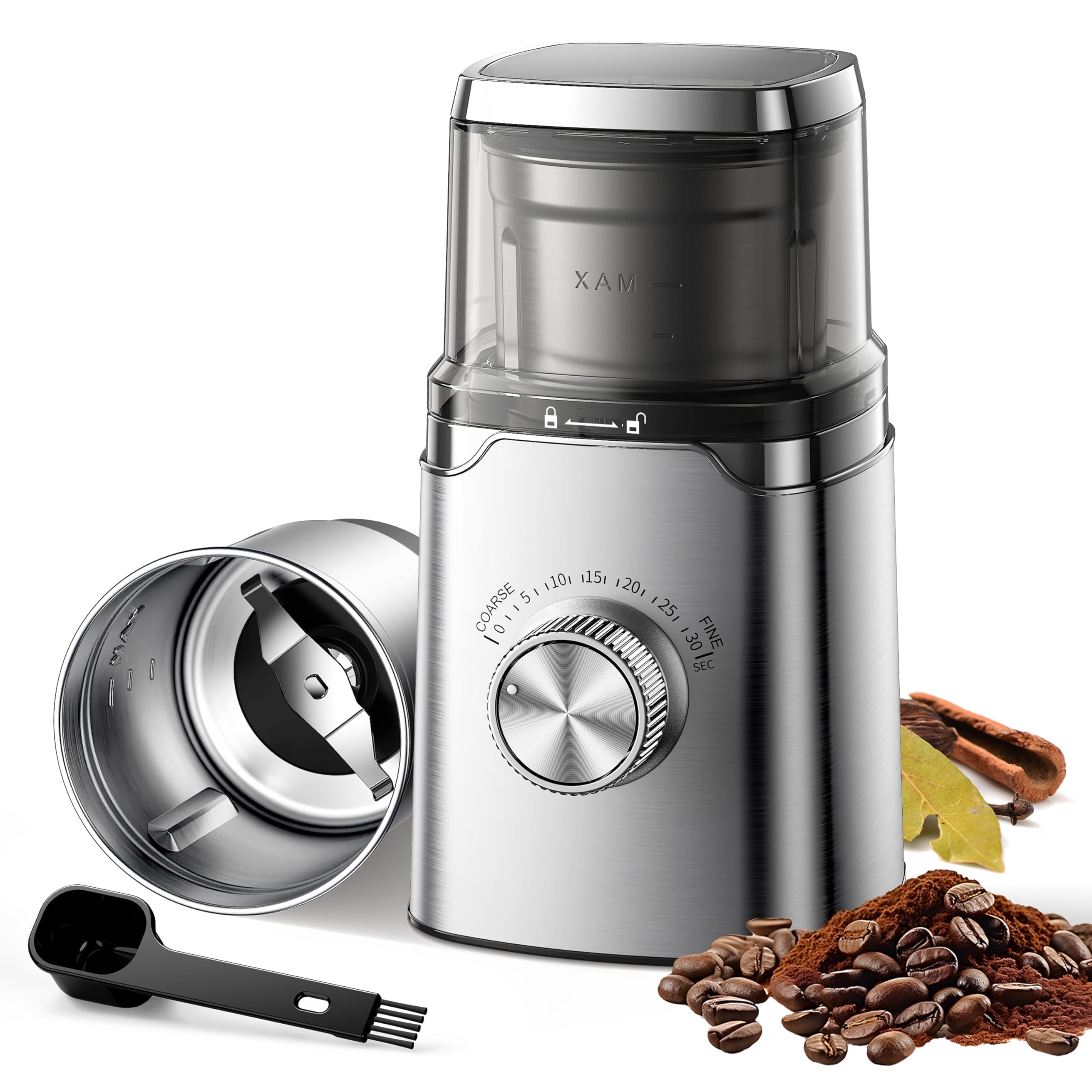 SHARDOR - Molinillo eléctrico de hoja de café, mando giratorio de control de molienda temporizado, carcasa de acero inoxidable, ajustable, para frijoles de café, especias y hierbas, con 1 tazón de