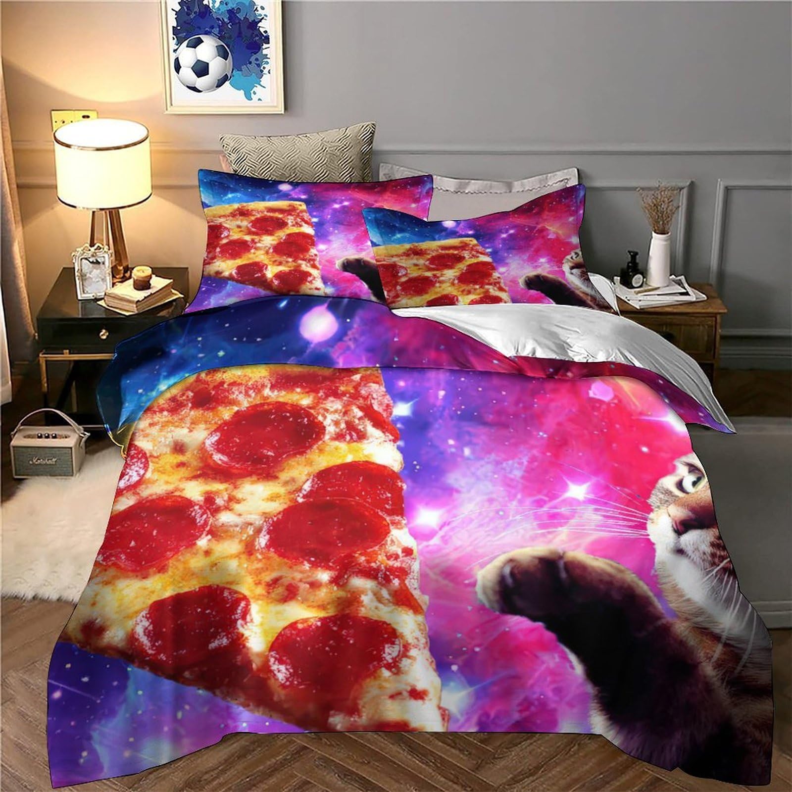 Pepperoni Pizza Bettbezug Mikrofaser 3 Stück Set 3D-Digitaldruck mit Reißverschluss Cosmic Food Kunst Stil Bettdeckenbezug Kuschelig mit Kopfkissenbezug for Fans König（220x240cm）