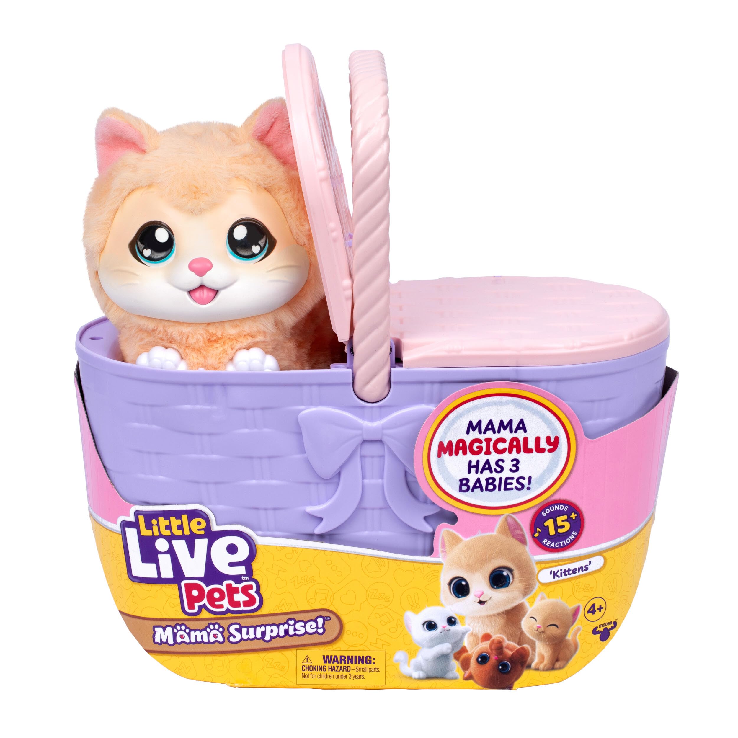 Little Live Pets Mama Surprise Kittens - Mamá interactiva con +15 Sonidos y reacciones - Mamá Tiene 3 bebés Sorpresa - Reacciona al Tacto - Come Pescado - Cesta de Transporte - A Partir de 4 años | Cesta portátil, accesorio de peces, 3 gatitos bebés y más