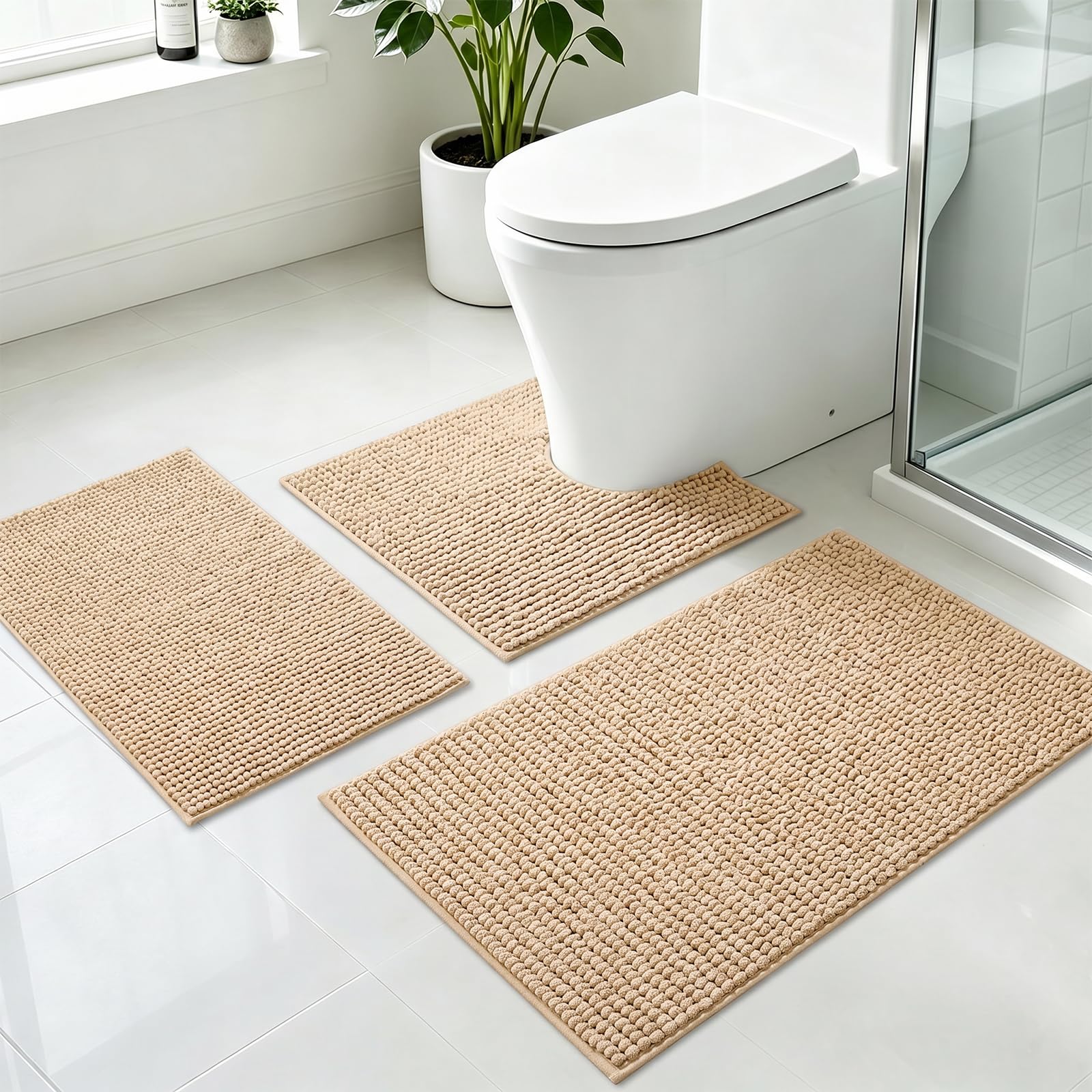 Sneulletoys 3-Piece Microfibre Chenille Bath Mat Set (Camel, Low Pile)