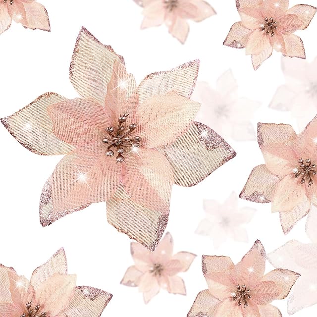 24 Pieces 3 Size Christmas Glitter Poinsettia Flowers Wedding Faux Flowers Christmas Decoration Ornaments For Christmas tree New Year Home Outdoor Decoration (Rose Gold,3.2/4/6 Inches)