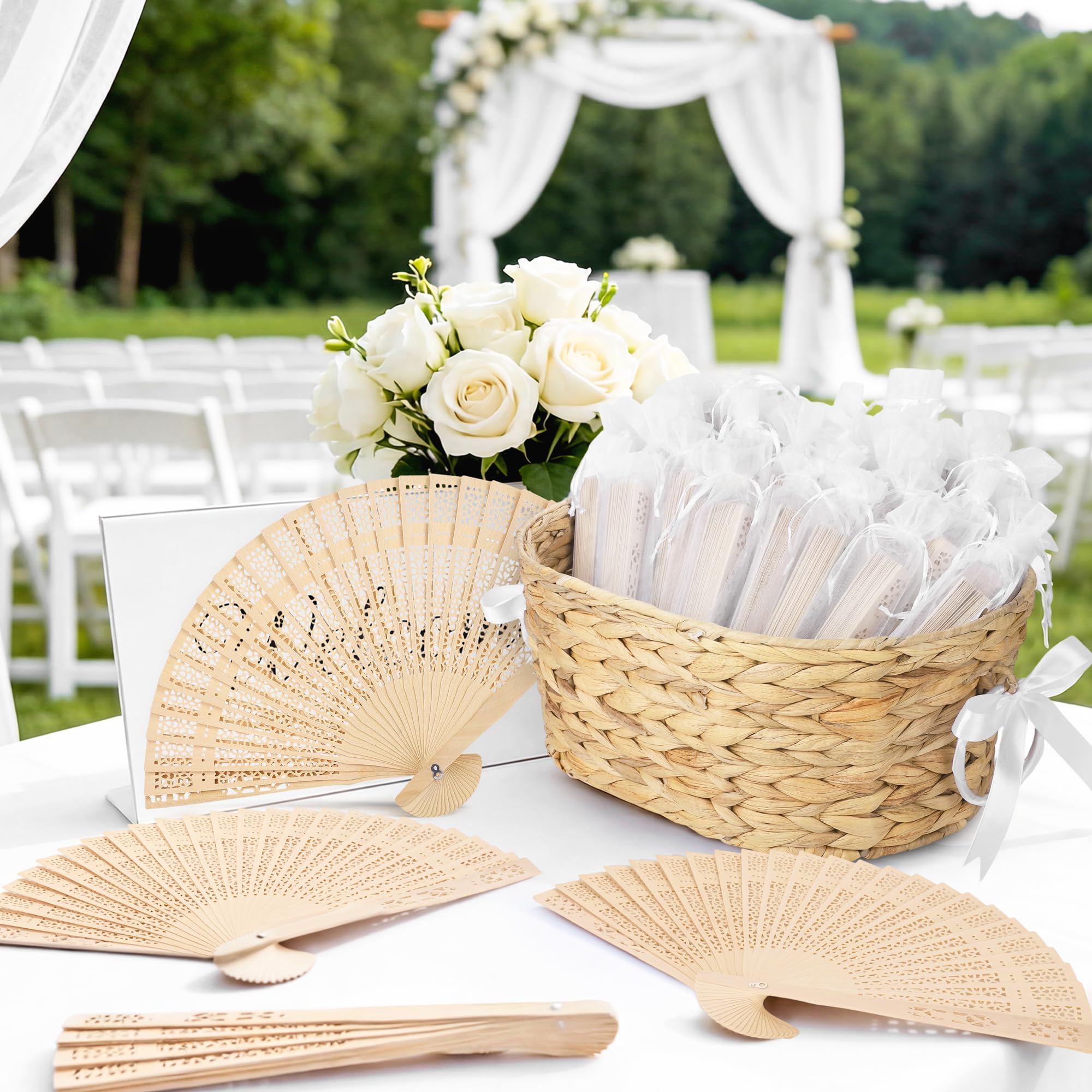 Photo 1 of Aodaer Sandalwood Folding Fans Set 100 Wooden Hand Fans with White Organza Bags Woven Basket and Ribbon Vintage Wood Handheld Folding Fan Wedding Favor for Bridal Shower Party Decor