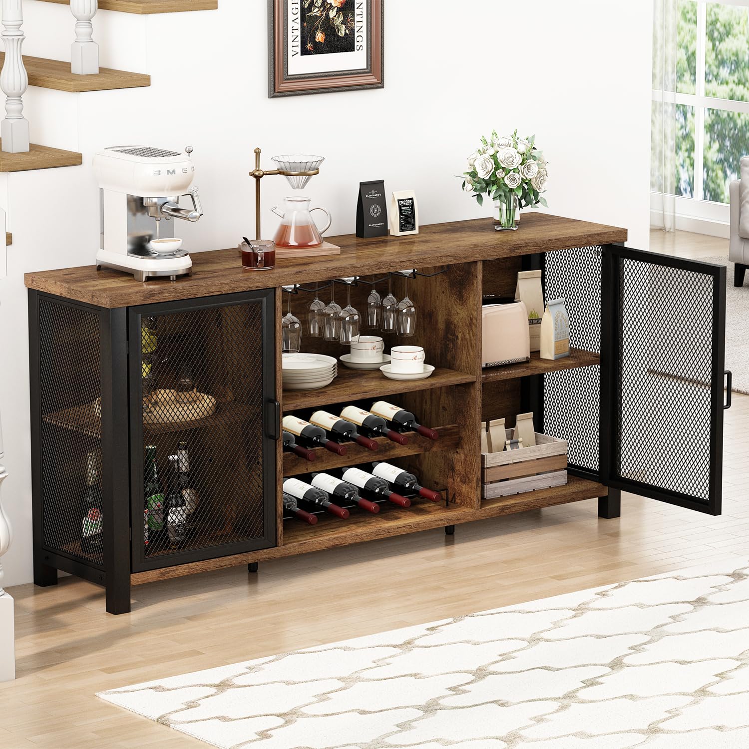 Launica Armoire de bar à café industrielle, armoire de bar à vin pour liqueur et verres, armoire à liqueur avec casier à vin, buffet en bois et métal pour la maison, la cuisine, la salle à manger