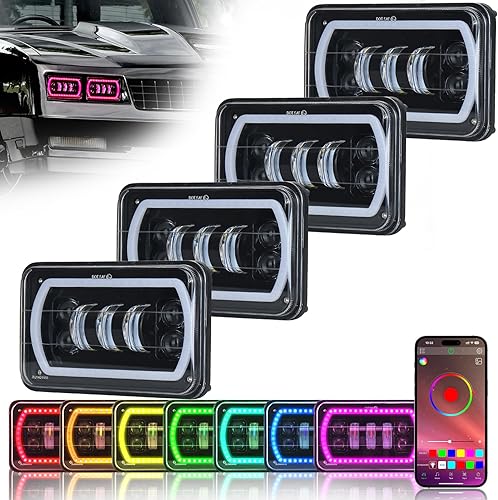 Faros delanteros LED de 4 x 6 con halo blanco RGB modo de música, haz de sello reemplazar H4651 H4656 H4666 Faro LED rectangular para camión