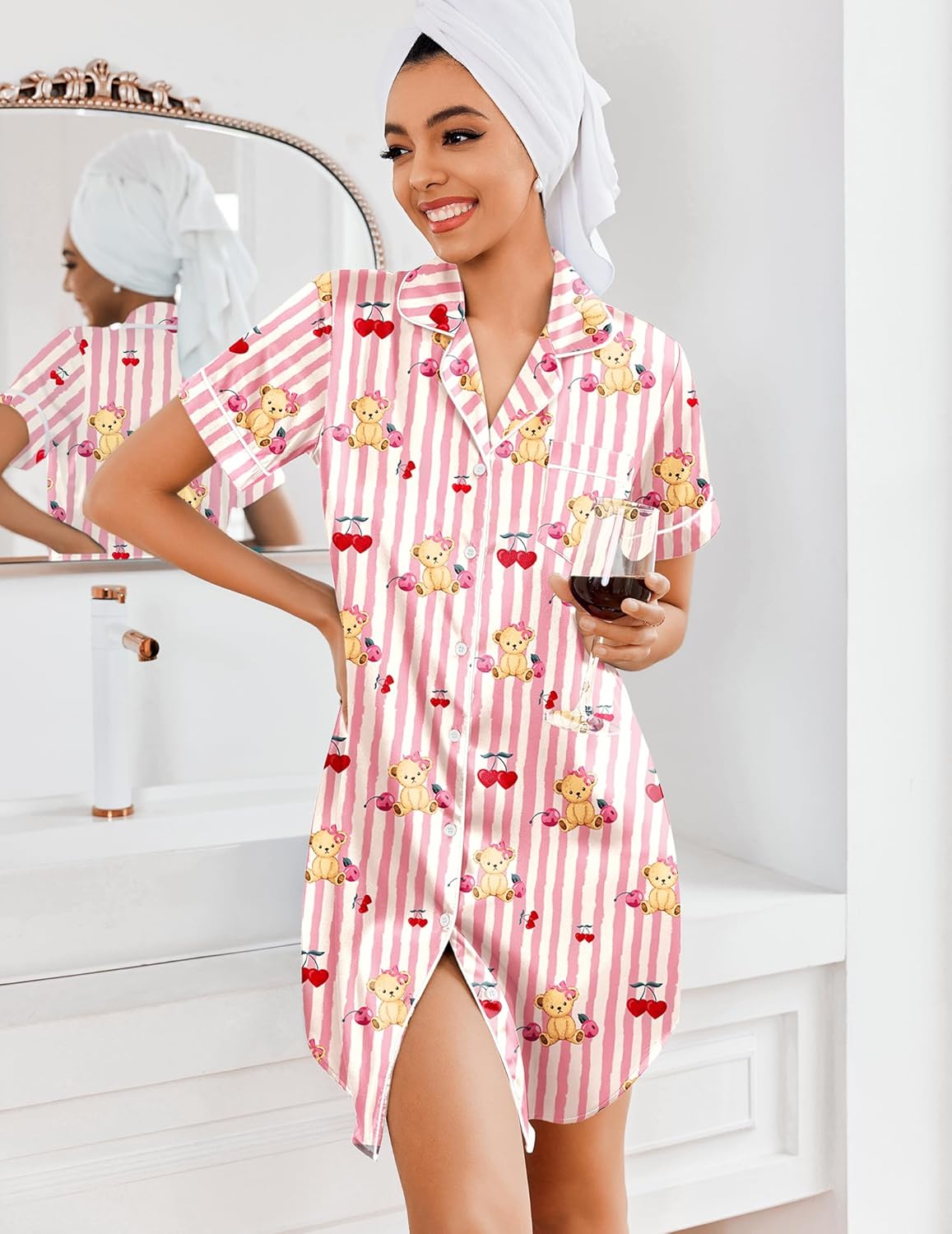 Ekouaer Women's Satin Nightshirt Button Down Sleepshirt Silk Short Sleeve Nightgown Boyfriend Notch Collar Sleepwear - Image 6