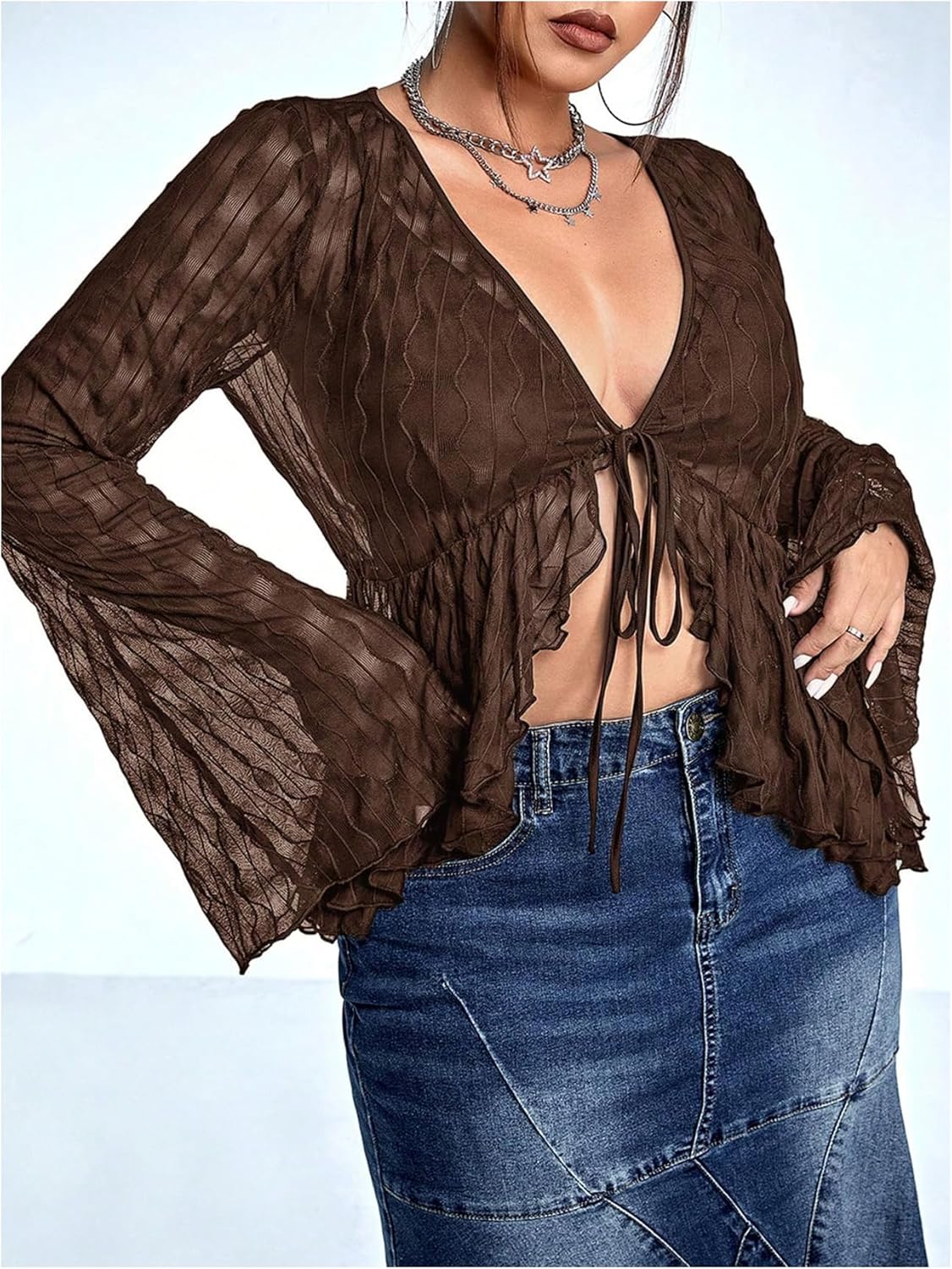 WDIRARA Women's Plus Size Sexy Sheer Mesh Tops Deep V Neck Bell Long Sleeve Tee Shirts - Image 3