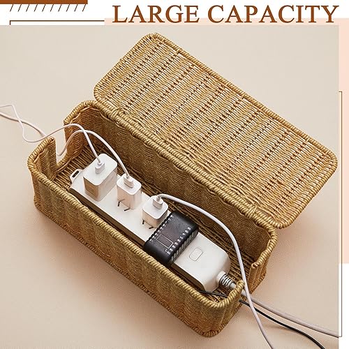 Miniatura 4 de Marsui Caja de organización de cables de ratán sintético, organizador de cables con 2 ranuras abiertas para el hogar, oficina, escritorio,