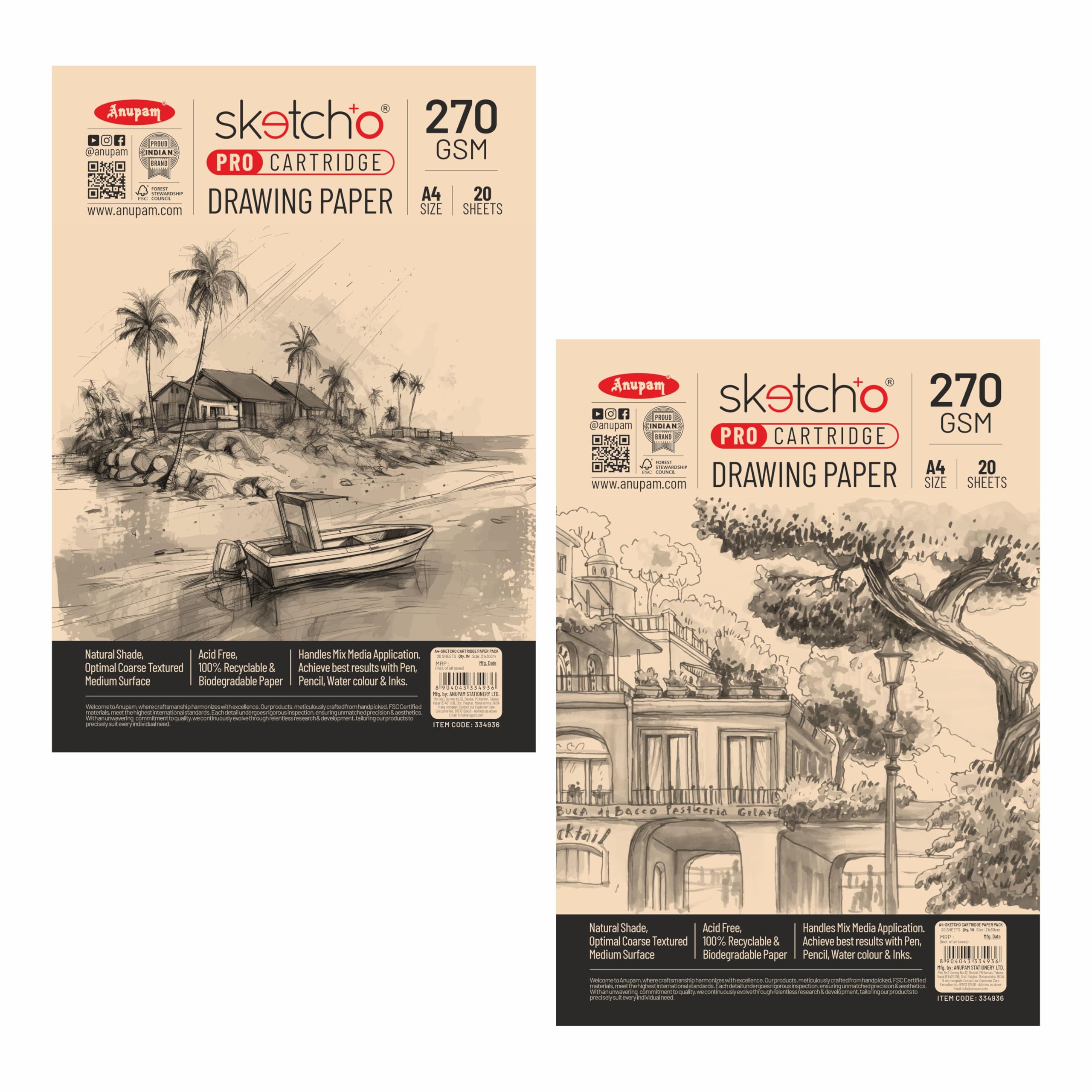Anupam SketchO Pro Sketching & Drawing Paper A4 | 20 Sheet 40 Pages | 270 GSM Sheet for Pencil, Charcoal, Graphite, redchalk Pastel, Chalk, Oil Pastel & Wax Crayon for Artist's & Amateurs (Set of 2)