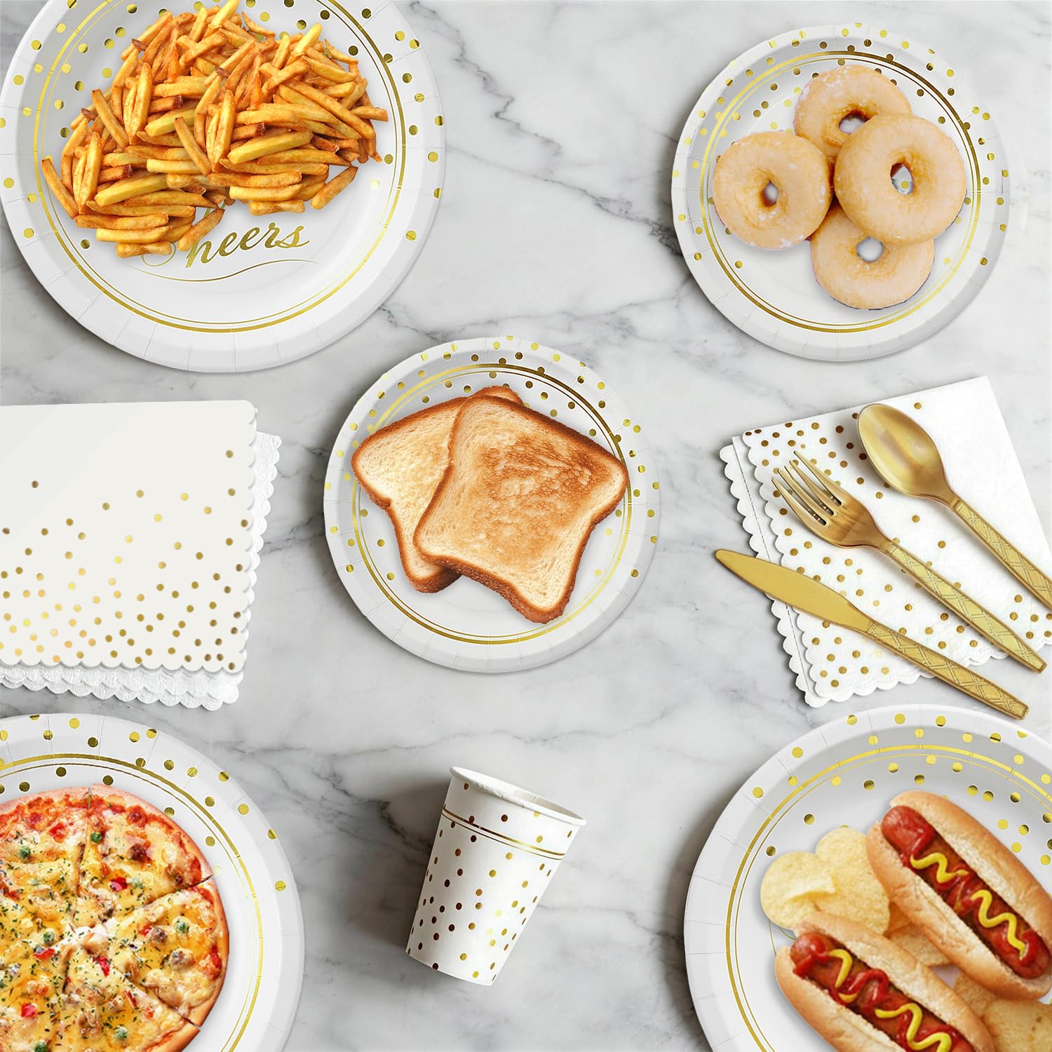 168 Pcs White & Gold Party Plates & Napkins -9