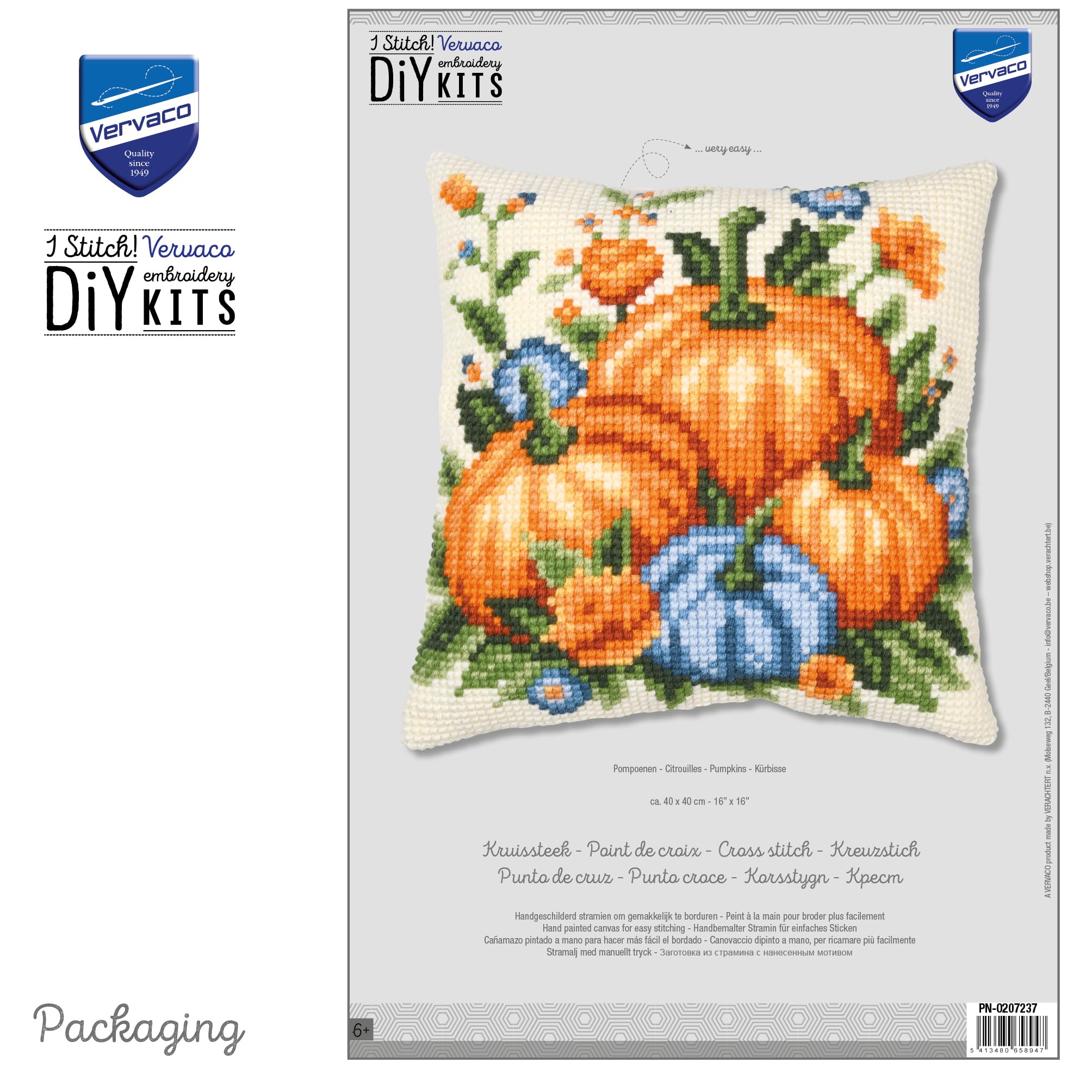 VERVACO Point De Croix Kit Coussin Complet Set Citrouilles Decoration Manuelle Broderie Kit Adulte Art Creatif Cadeau DIY 40 x 40 cmCross Stitch Embroidery