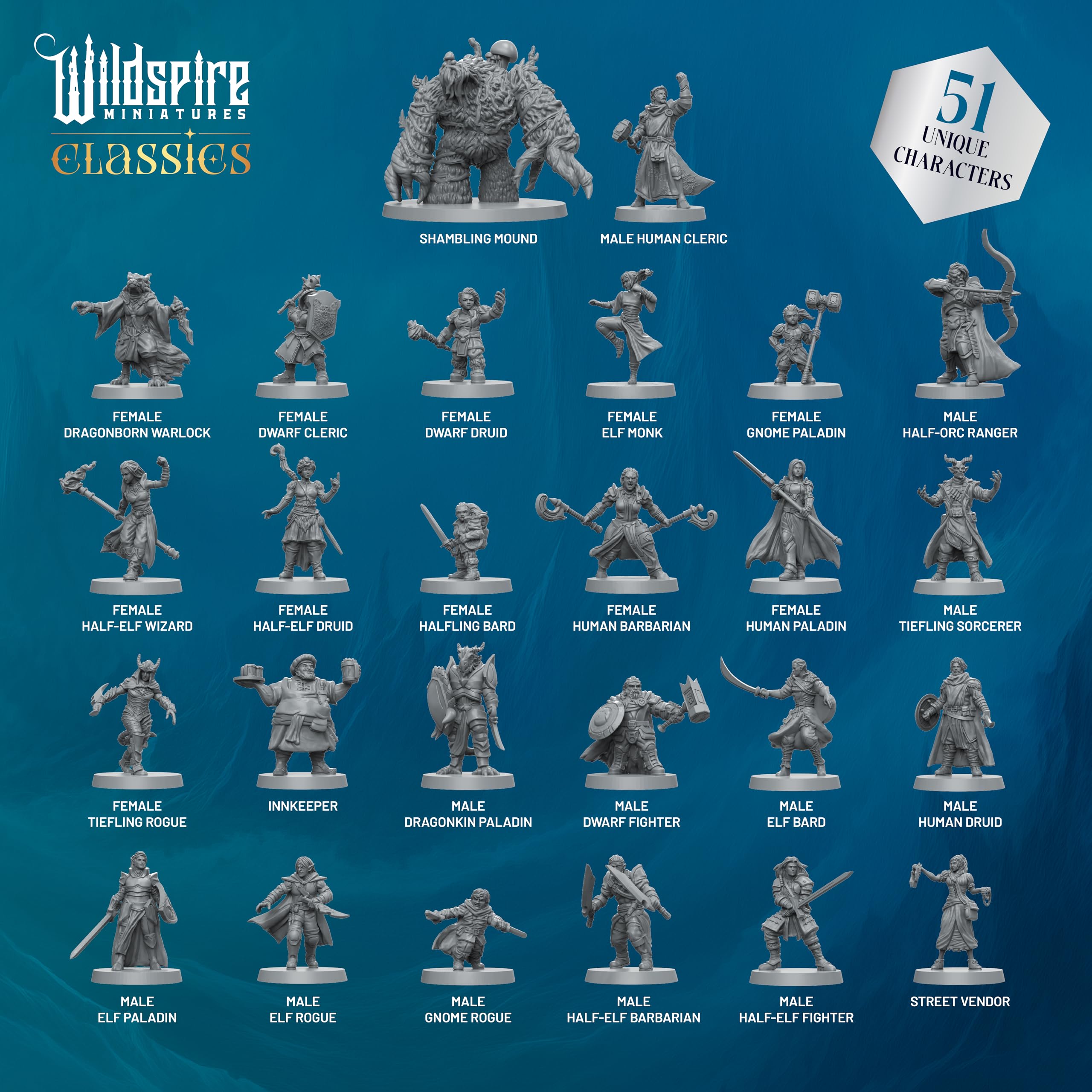 Classic Heroes - Mercenary Guild - 51 personajes pintables para miniaturas DND a granel I 28mm Dungeons Dragons D&D Miniatures I DND Minis D&D Figuras Dungeons Dragons Figures Pathfinder Compatible