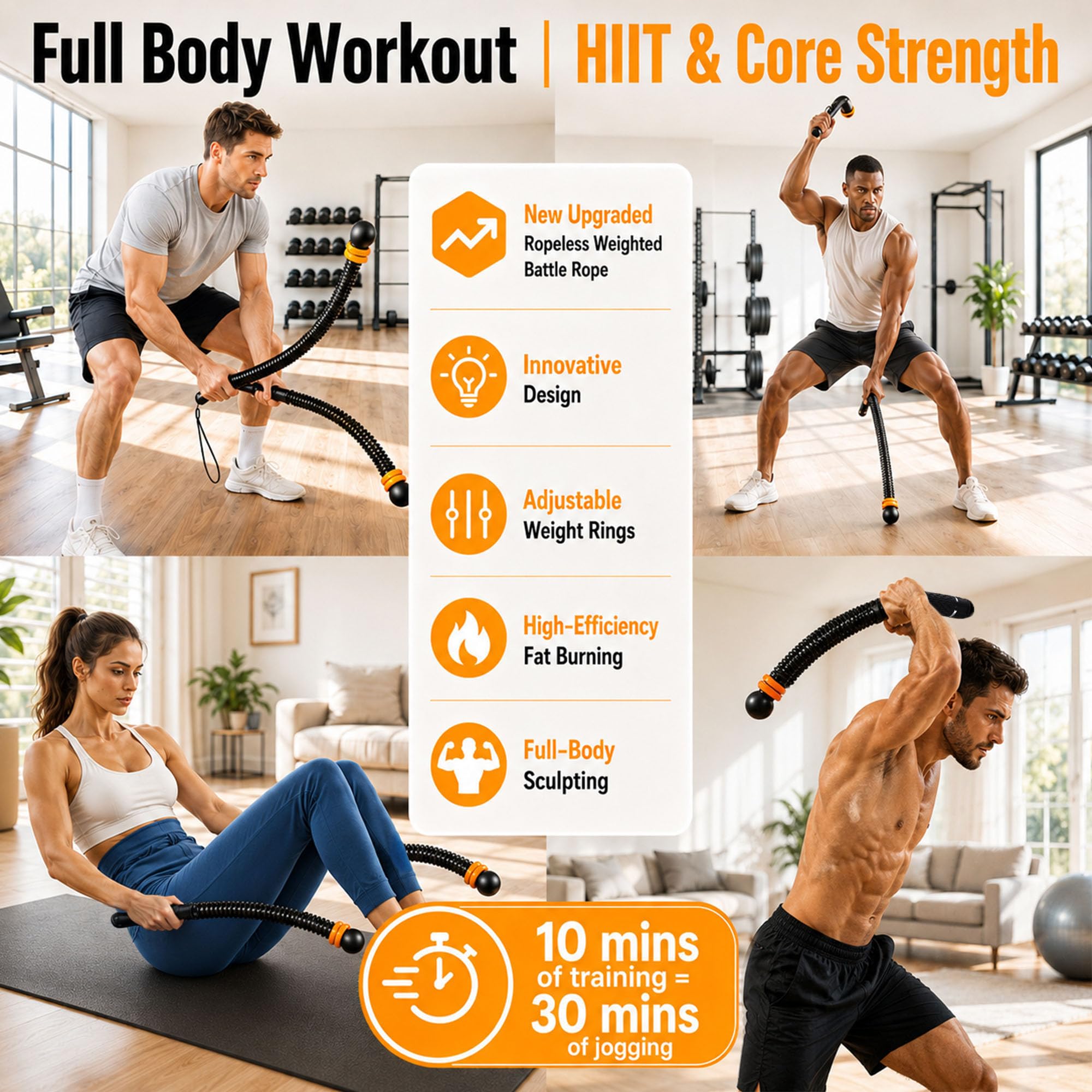 Cuerdas de batalla inalámbricas portátiles – Equipo de entrenamiento de gimnasio en casa para entrenamiento intensivo y fuerza central, ideal para el hogar, oficina, viajes y espacios pequeños