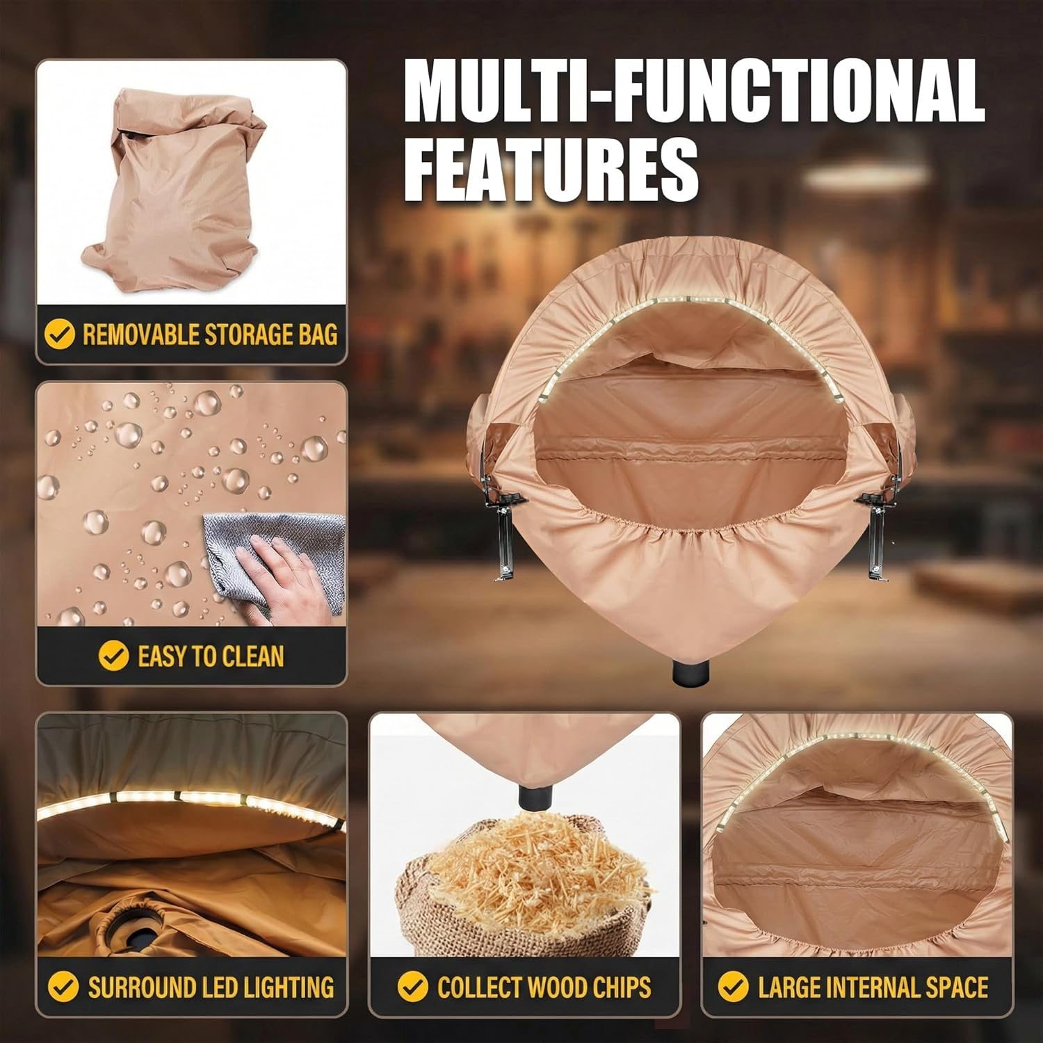 Miter Saw Dust Collection Hood with Light, Dust Solution for Miter Saws, Dust Collector, Accessory Holes, Universal Fit, Storage Bag - Khaki