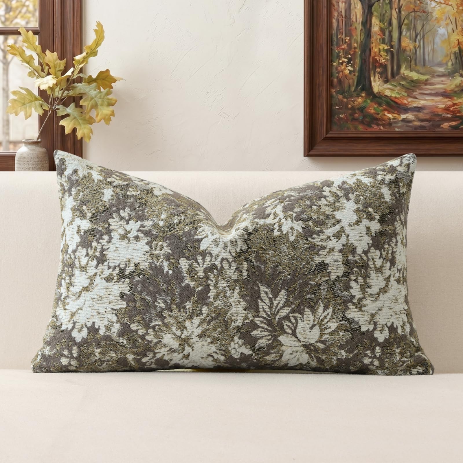 Artscope Set of 1 Neutral Floral Cushion Cover 40x60cm, Vintage Chenille Lumbar Throw Pillow Cover Soft Decorative Farmhouse Accent Couch Pillow Cover for Living Room Bedroom Sage Green