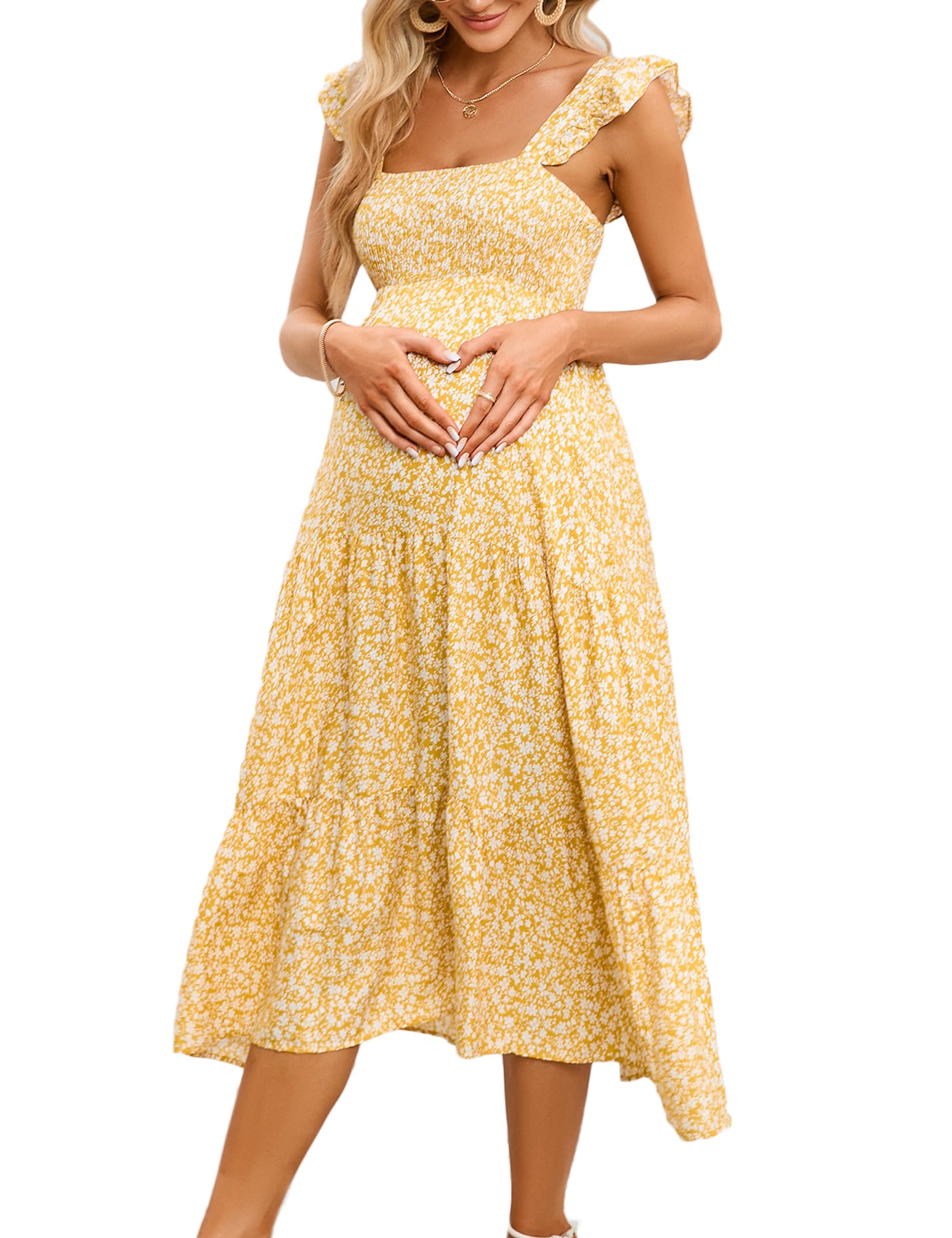 KOJOOIN Womens Maternity Dress Summer Sleeveless Smocked Square Neck Ruffle Casual Boho Midi Dress Baby Shower Photoshoot
