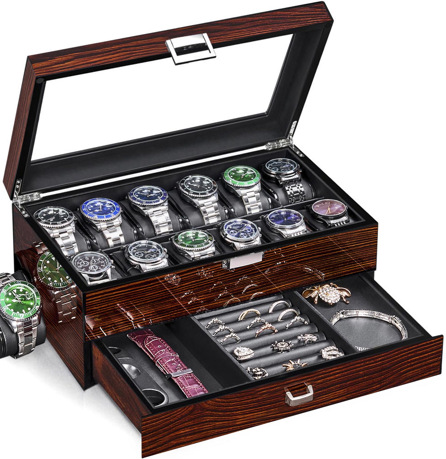BEWISHOME High-End Watch Case, 12 Slot Wooden Watch Box with Valet Drawer, 2-Layer Watch Display Case for Jewelry, Watch Holder, Watch Organizer for Men Women Brown ESSH02Y