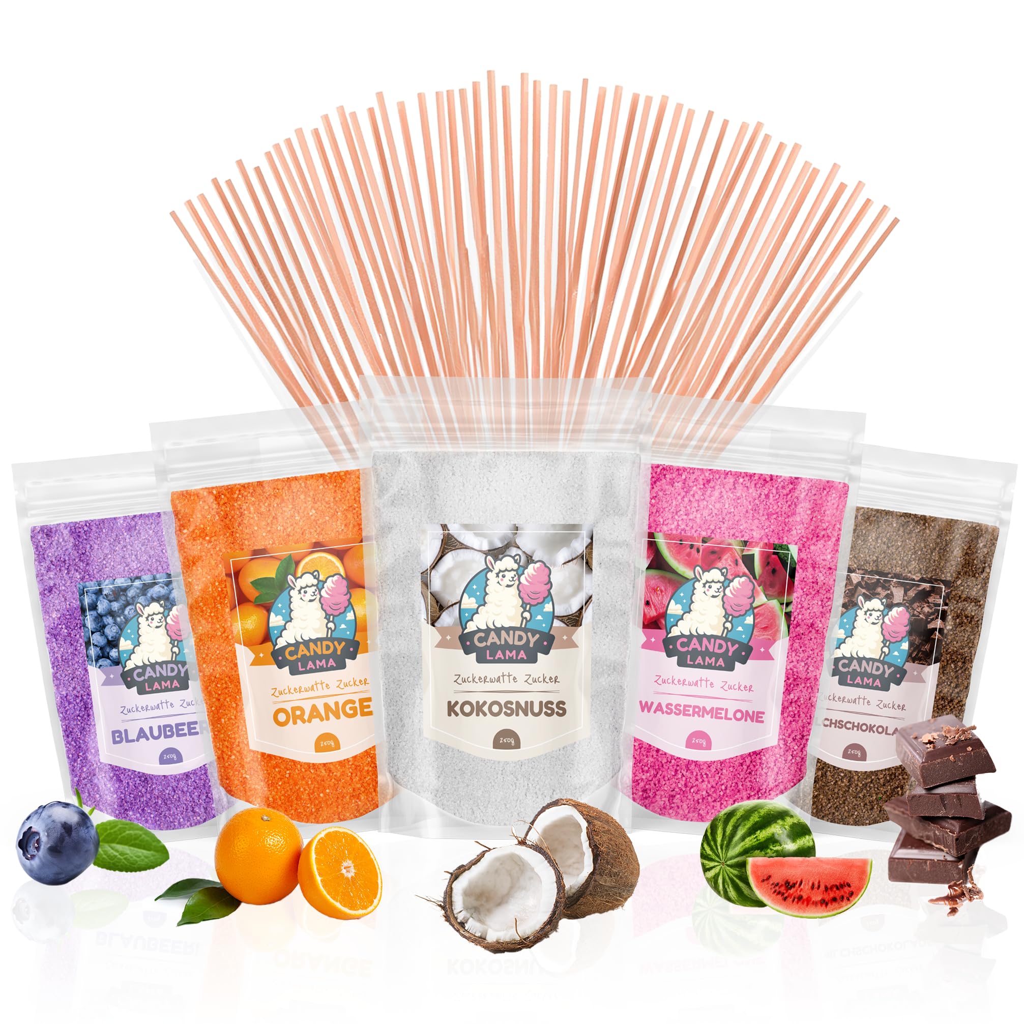 CANDY LAMA Sucre Barbe à Papa pour machine 5 x 250 gr Poudre Barbapapa Arômes Naturels - Lot de 5 Goûts (Baies/Orange/Noix de coco/Pastèque/Chocolat au lait) + 50 Bâtonnets