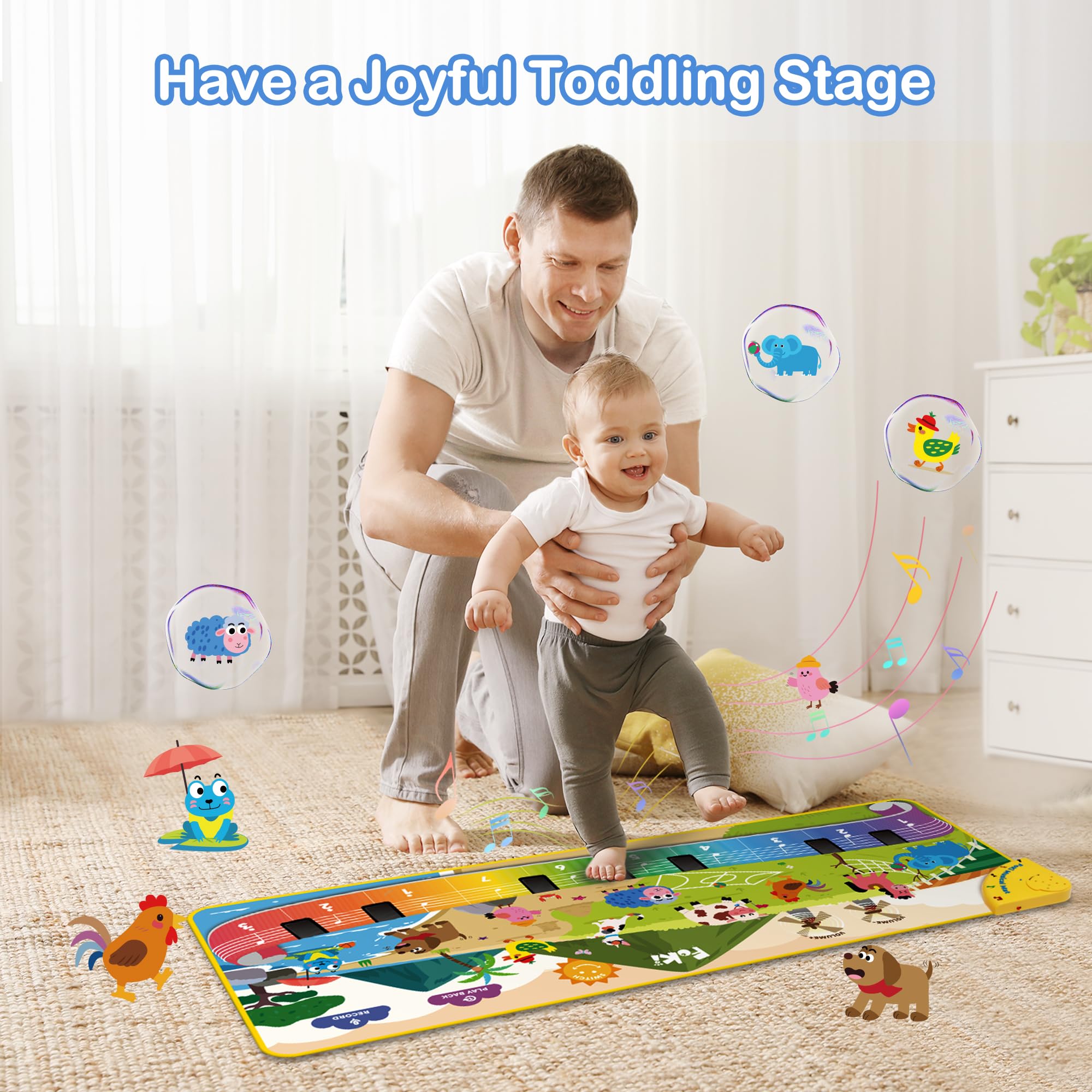 FOKI Toddler Toys Floor Piano Mat with 61 Animal Music Sounds, Baby Kid Sensory Educational Dancing Musical Keyboard Carpet Toy, Record Playback, for 1 to 5 Years Old Boy and Girl