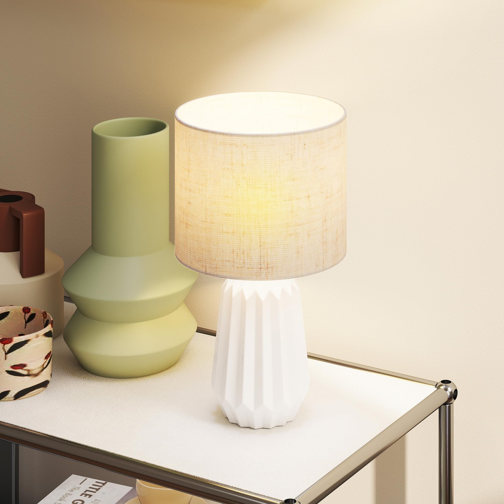 HOMCOM Lampe de Table avec Base en Céramique, Culot E27, Blanc et Beige
