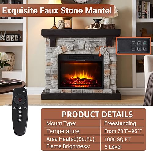 Miniatura 5 de Chimenea eléctrica con chimenea, chimenea de piedra sintética de 40 pulgadas de ancho, calentador alto independiente con control remoto llama LED