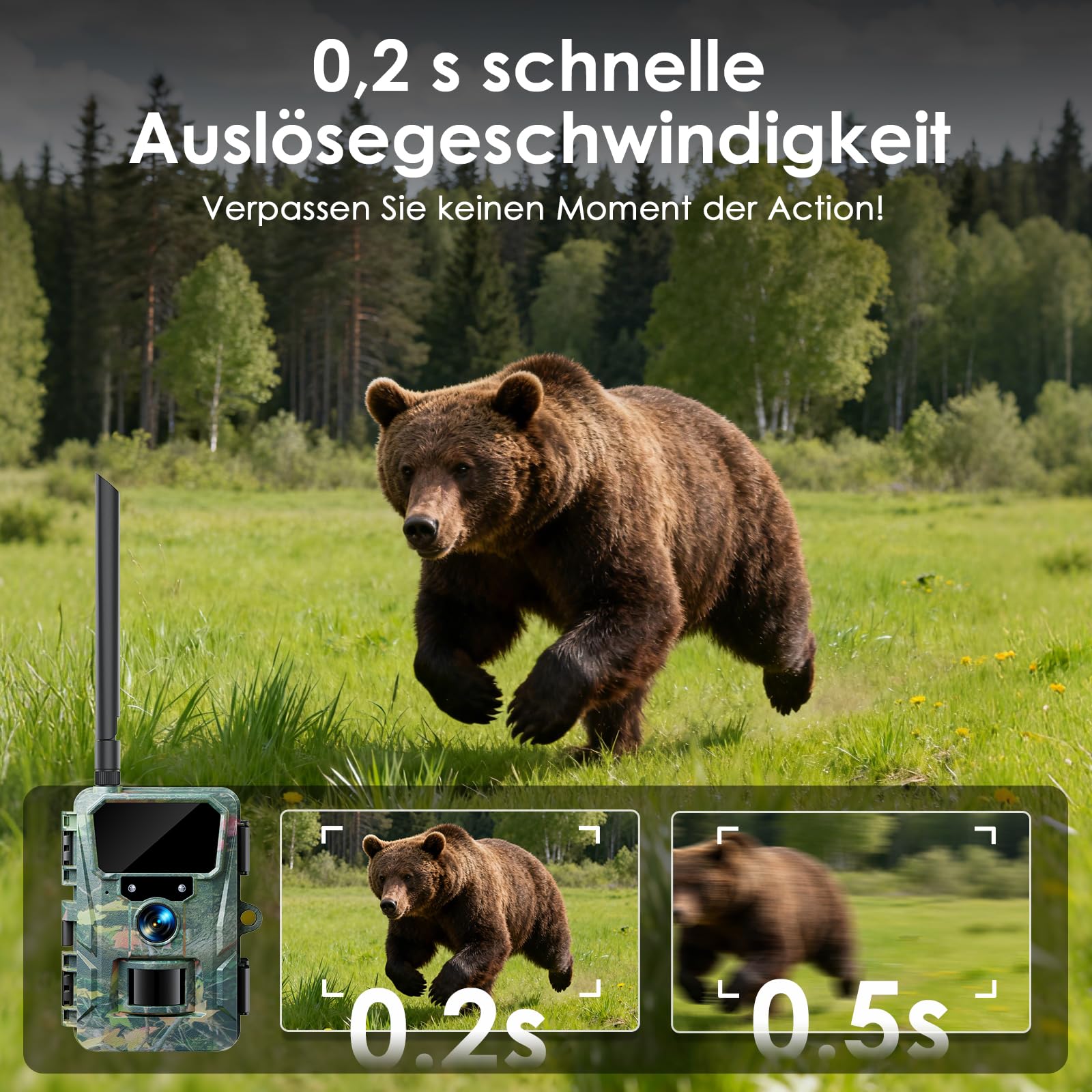 WOLFANG 4G/LTE Wildkamera Solar, 2K 48MP Live Übertragung Wildkamera mit Handyübertragung App, 5200H mAh Akku, Wildtierkamera mit Nachtsicht Bewegungsmelder mit 64G Speicherkarte IP66 Wasserdicht