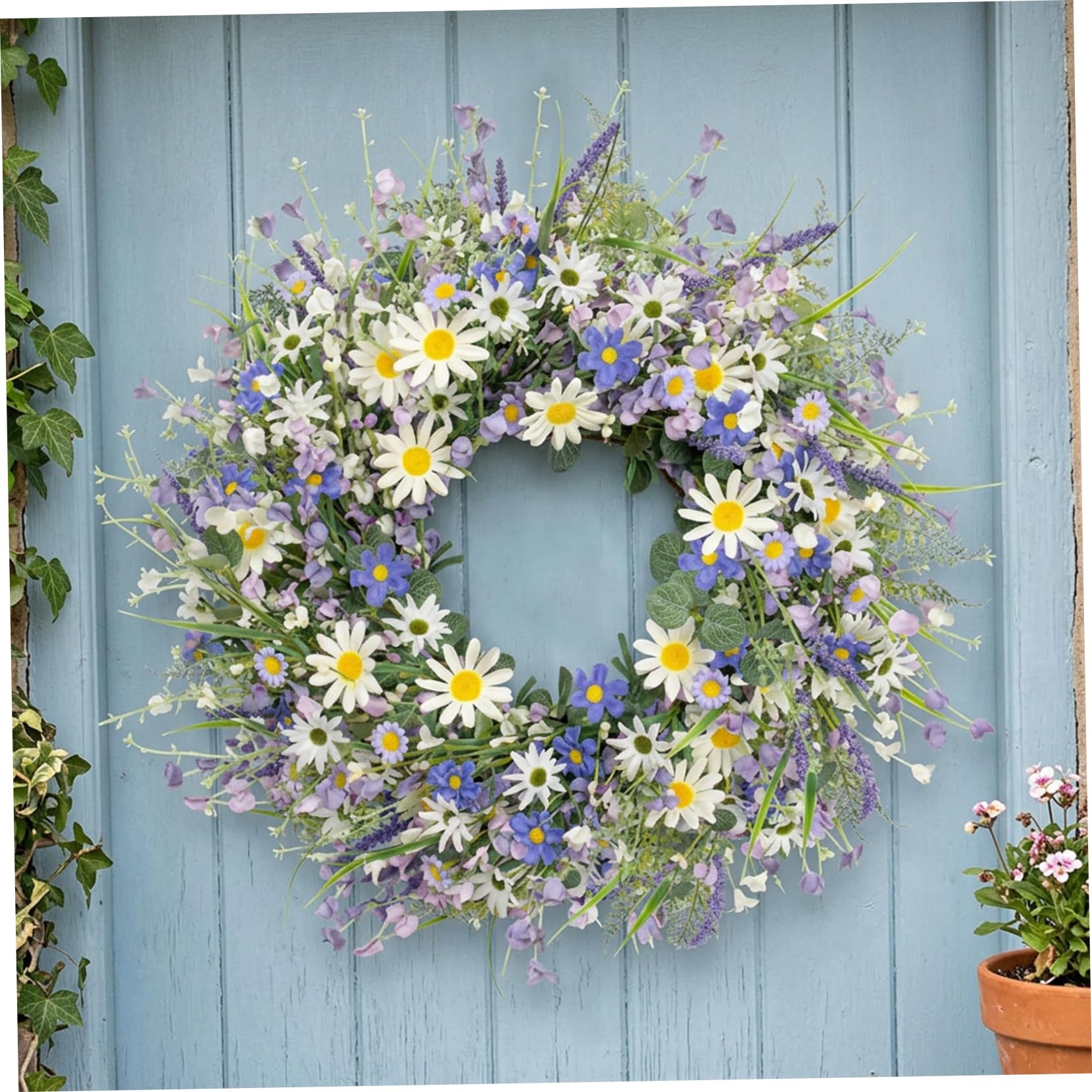 Gänseblümchen-Kranz, Frühlings-Haustürkranz mit Lavendel, 40, 6 cm große Blumenkränze für ganzjährige Heimdekoration, Bauernhaus-Wand- oder Innendekoration, Gänseblümchen