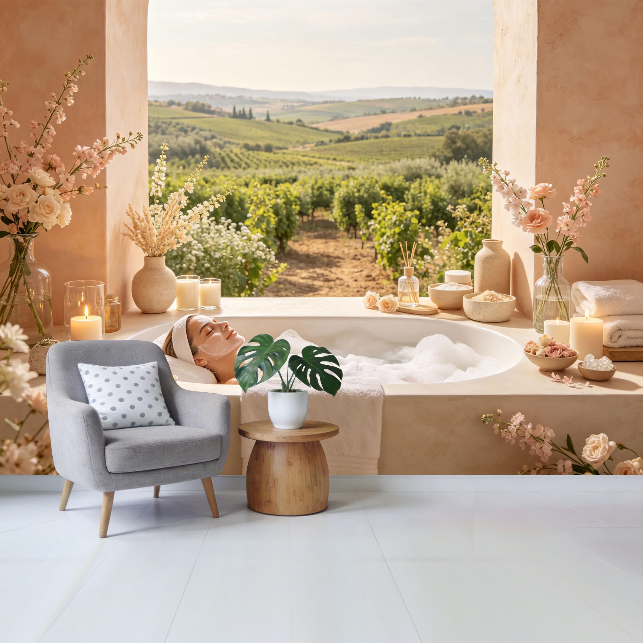 Qzlithotic Yq2605250654 Custom Size Wall Mural Tuscan Vineyard Landscape Floral Bath Spa Wellness Concept Selfadhesive Wall Fabric Removable Wallpaper For Home Office Decor