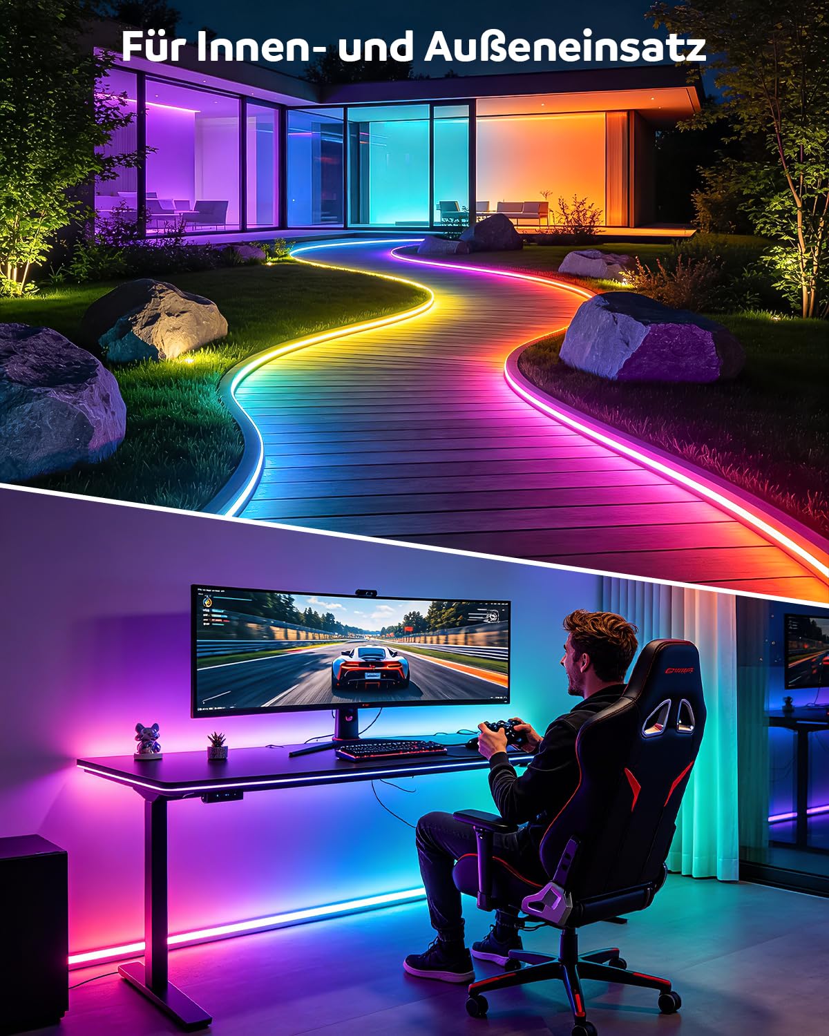 Aclorol Tira de luces LED RGB IC de 5 m, 24 V, 300 ledes, superbrillante, flexible, con sincronización de música, IP65, resistente al agua, incluye fuente de alimentación de la UE, mando a distancia