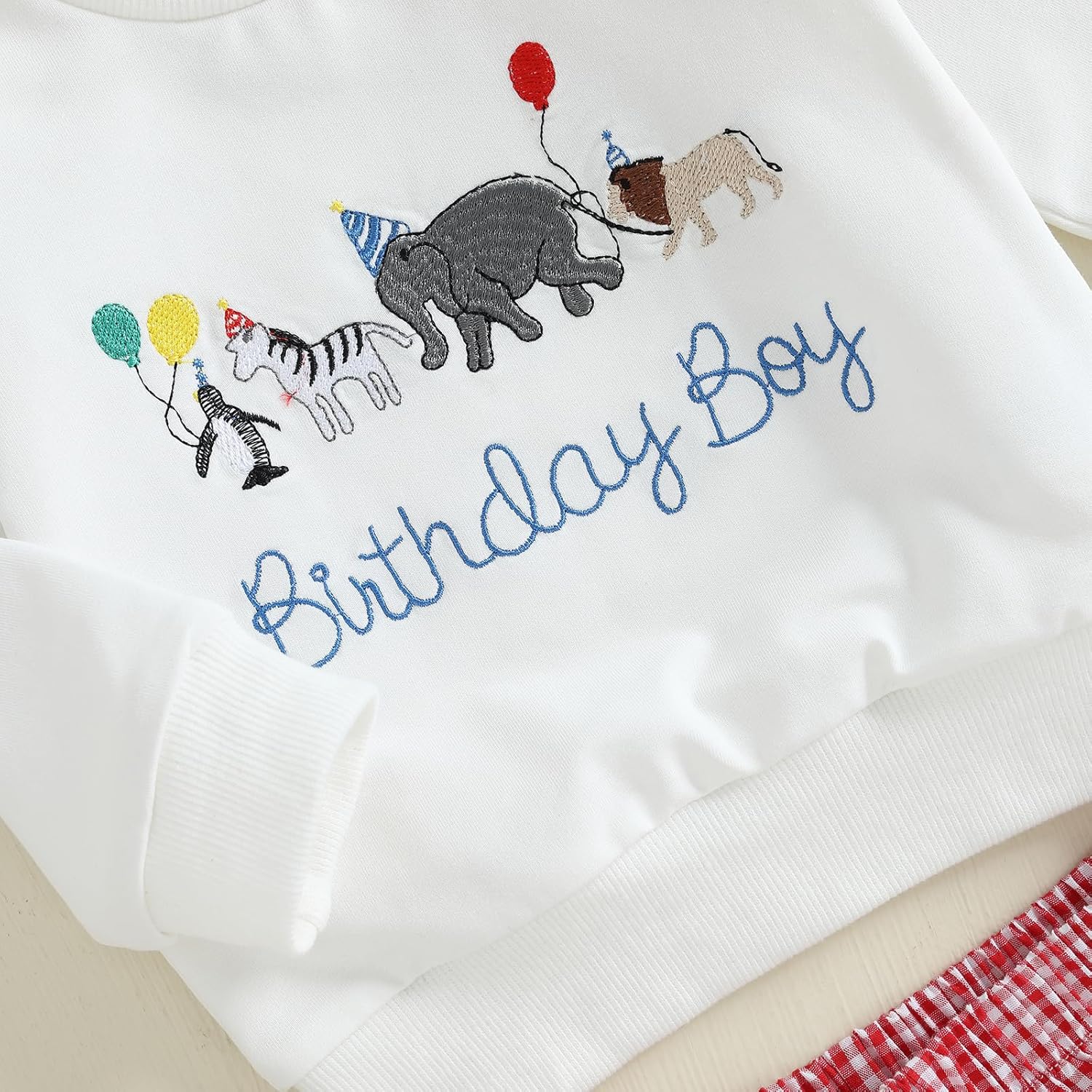 Toddler Baby Boy Birthday Outfit Zoo Animal Birthday Boy Embroidery Crewneck Sweatshirt and Gingham Plaid Pants Set - Image 7