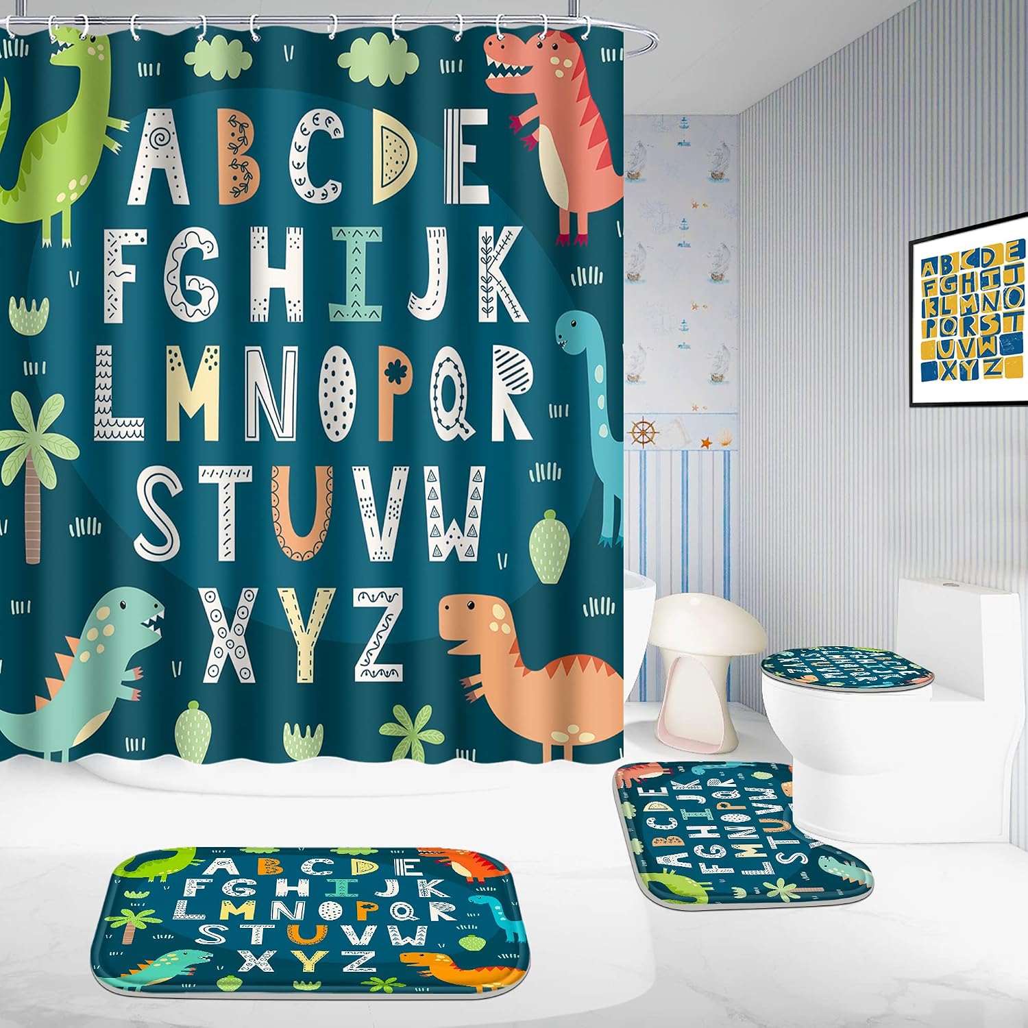 Poedist 4 Pcs Bathroom Shower Curtain Set,Kid's Bathroom Set,Shower Curtain Sets with Rugs(Bath Mat,U Shape and Toilet Lid Cover Mat) and 12 Hooks,Alphabet Cartoon Dinosaur