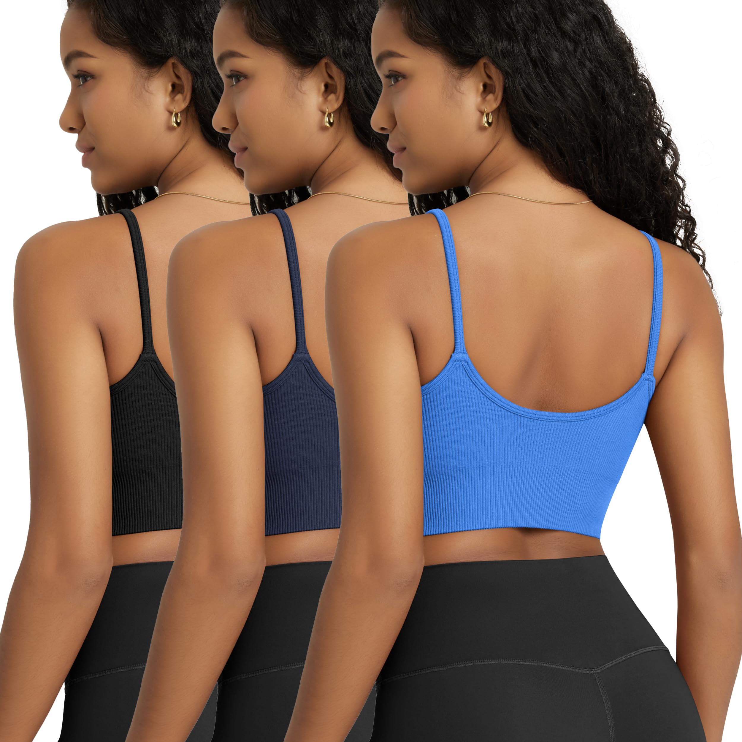 Photo 1 of ** only comes with two blue tank tops **
ODODOS 3-Pack Seamless Sports Bra for Women Ribbed Camisoles Non Padding Yoga Bra Crop Tank Tops, Black+Navy+Blue, Large