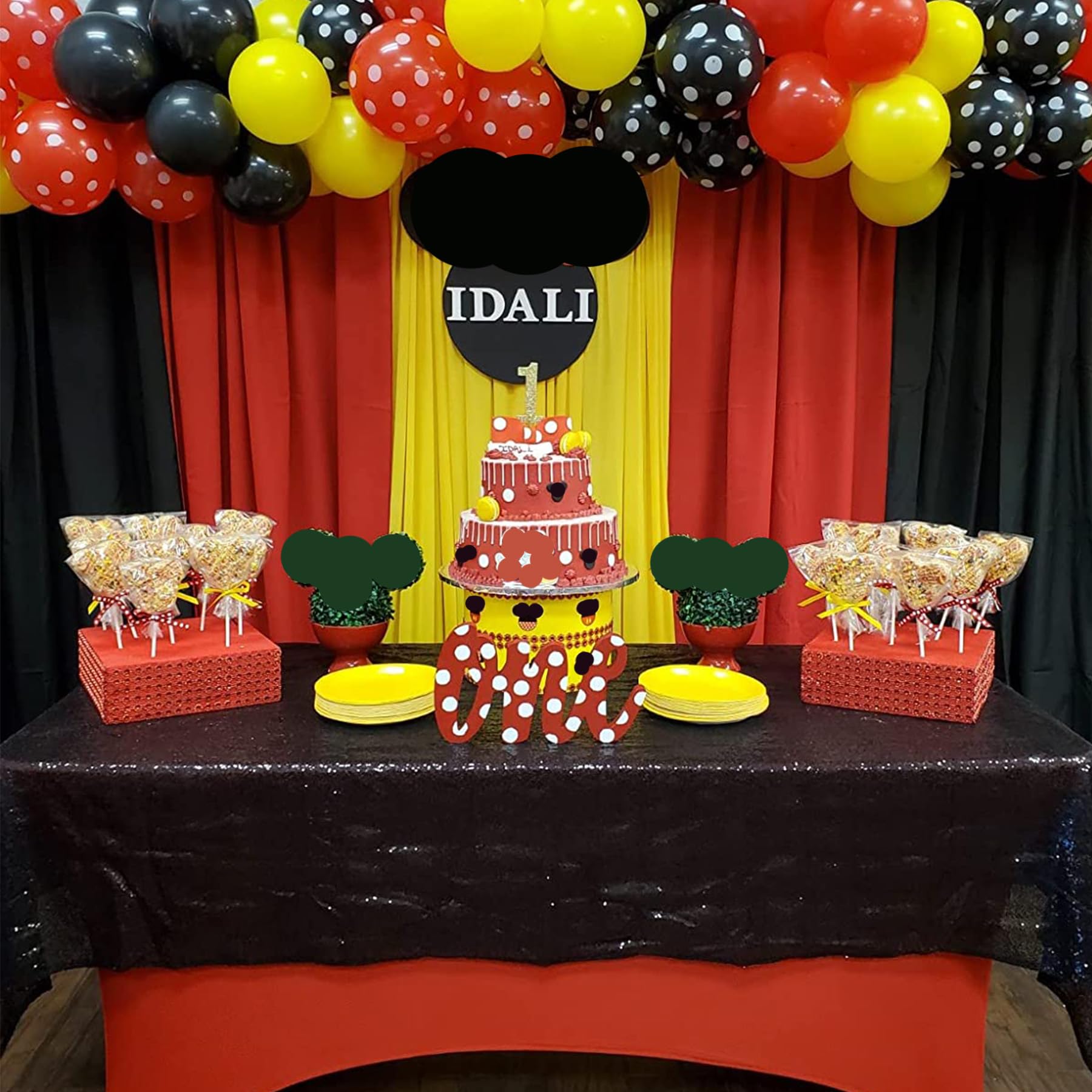 Lot de 6 panneaux de rideaux infroissables de 9,1 x 3 m - Noir, rouge et jaune - Toile de fond pour fêtes, Noël, fête d'anniversaire