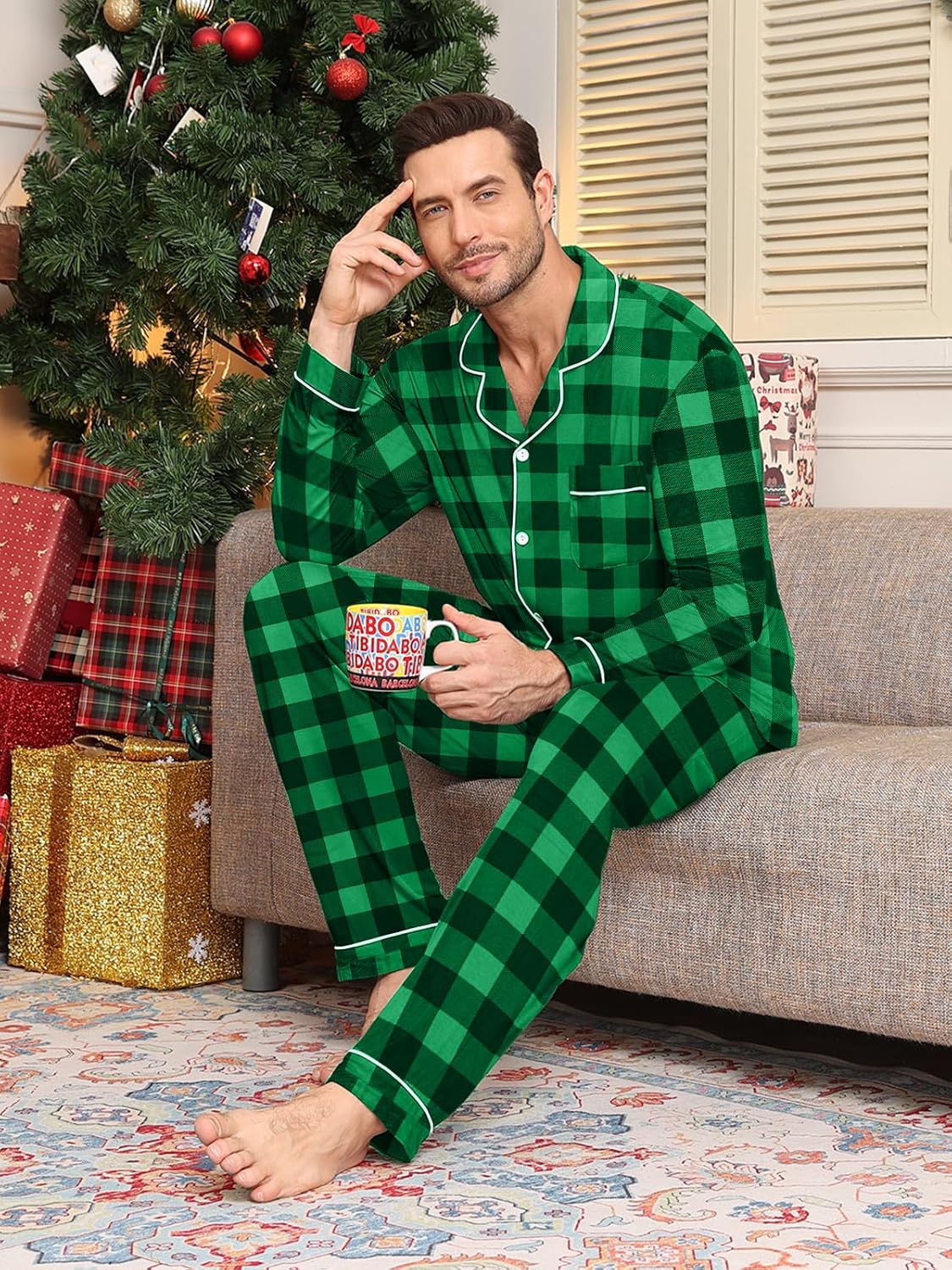 Christmas Matching Pajamas Set Couples Button Down Sleepwear Loungewear Long Sleeve Pjs Set Black&Green Plaid L - Image 6