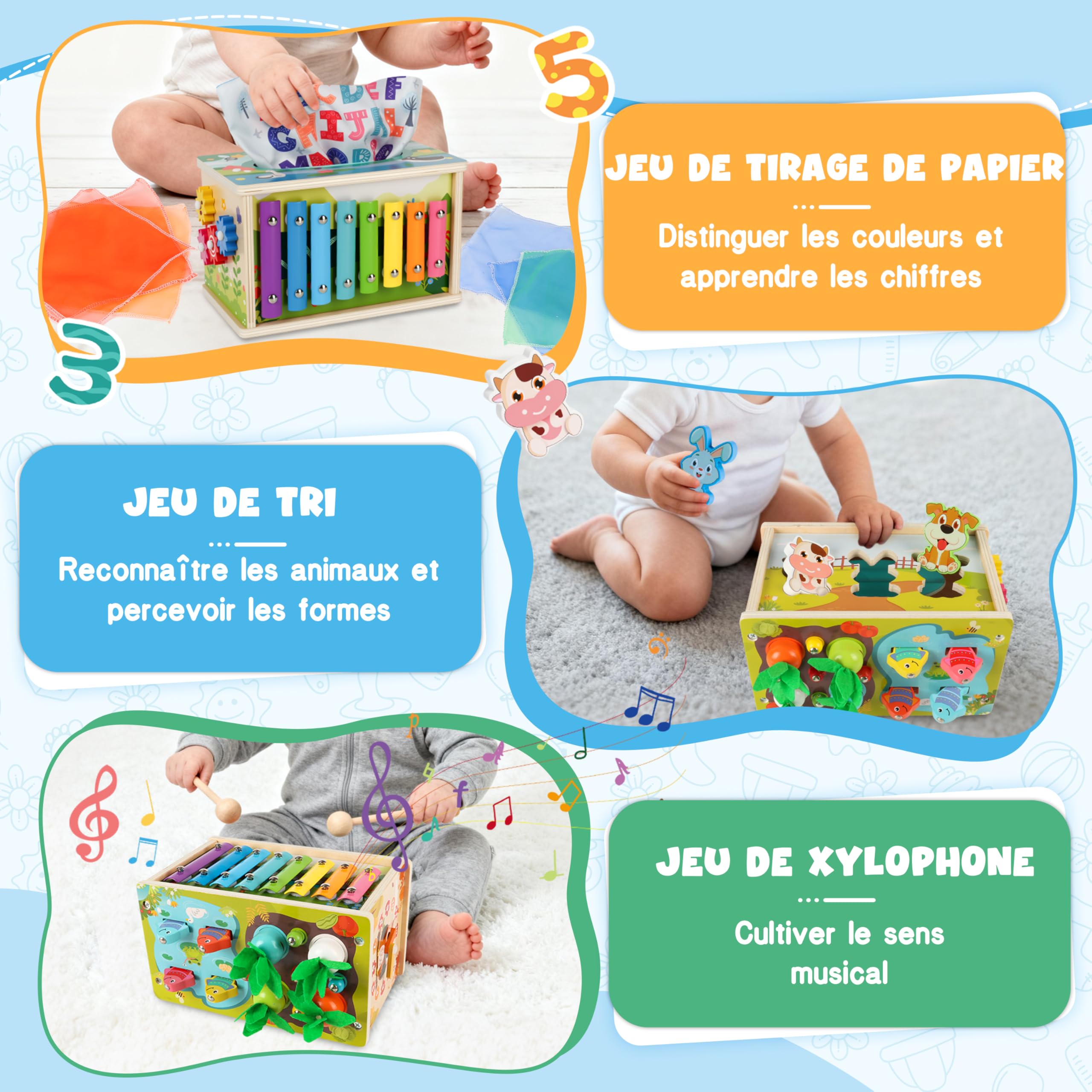 Charmofun Jouet Bébé Montessori 1 an, Jouet Boîte à Mouchoirs Bébé, Xylophone, Jeu Pêche, Tri de Formes, STEM Educatif Cadeau pour Enfants Filles et Garçons