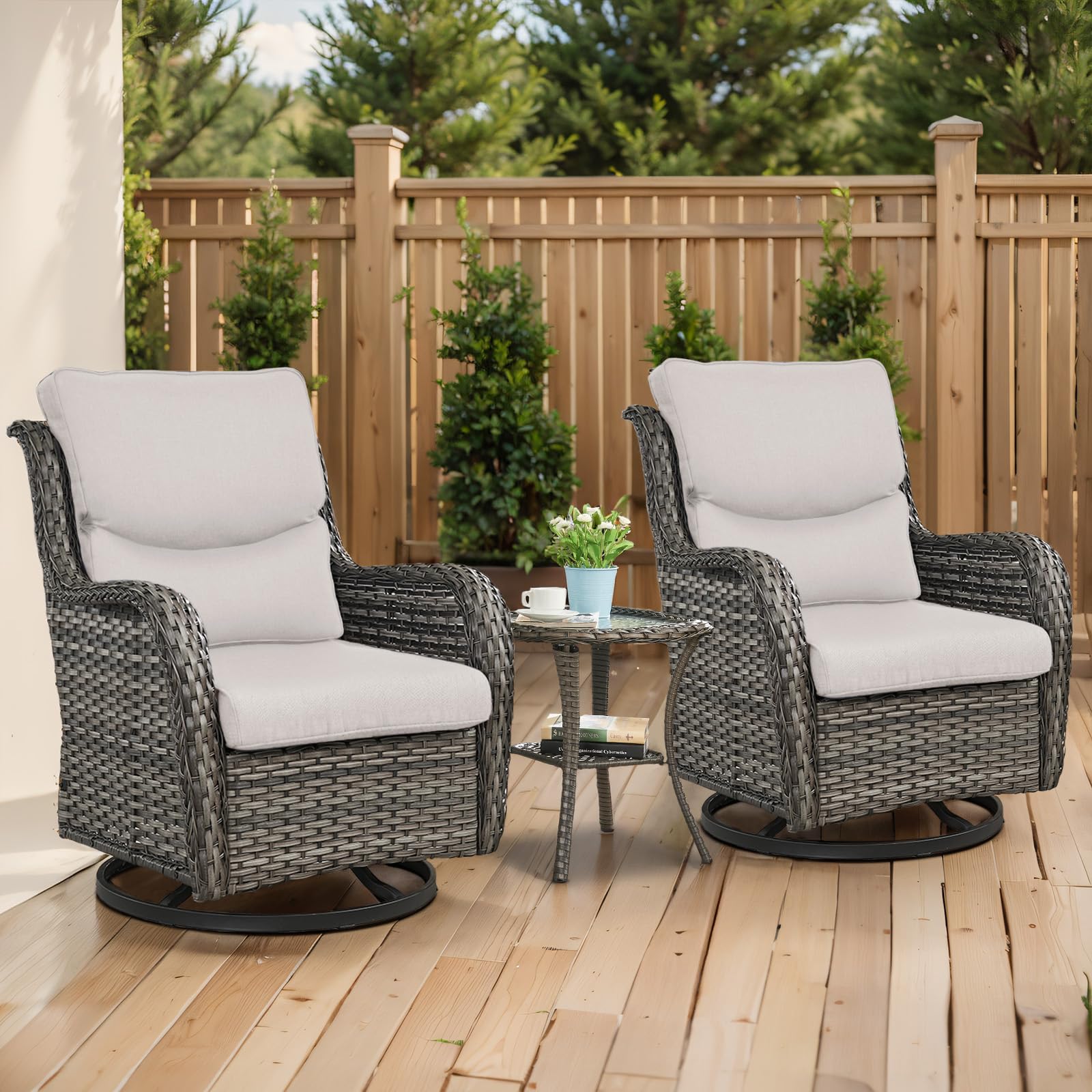 Artfurniz Outdoor Swivel Rocker Patio Chairs with 5" Thick Cushion - 3 Piece Wicker Bistro Set with Side Table, High Back Comfty Outdoor Glider Chairs