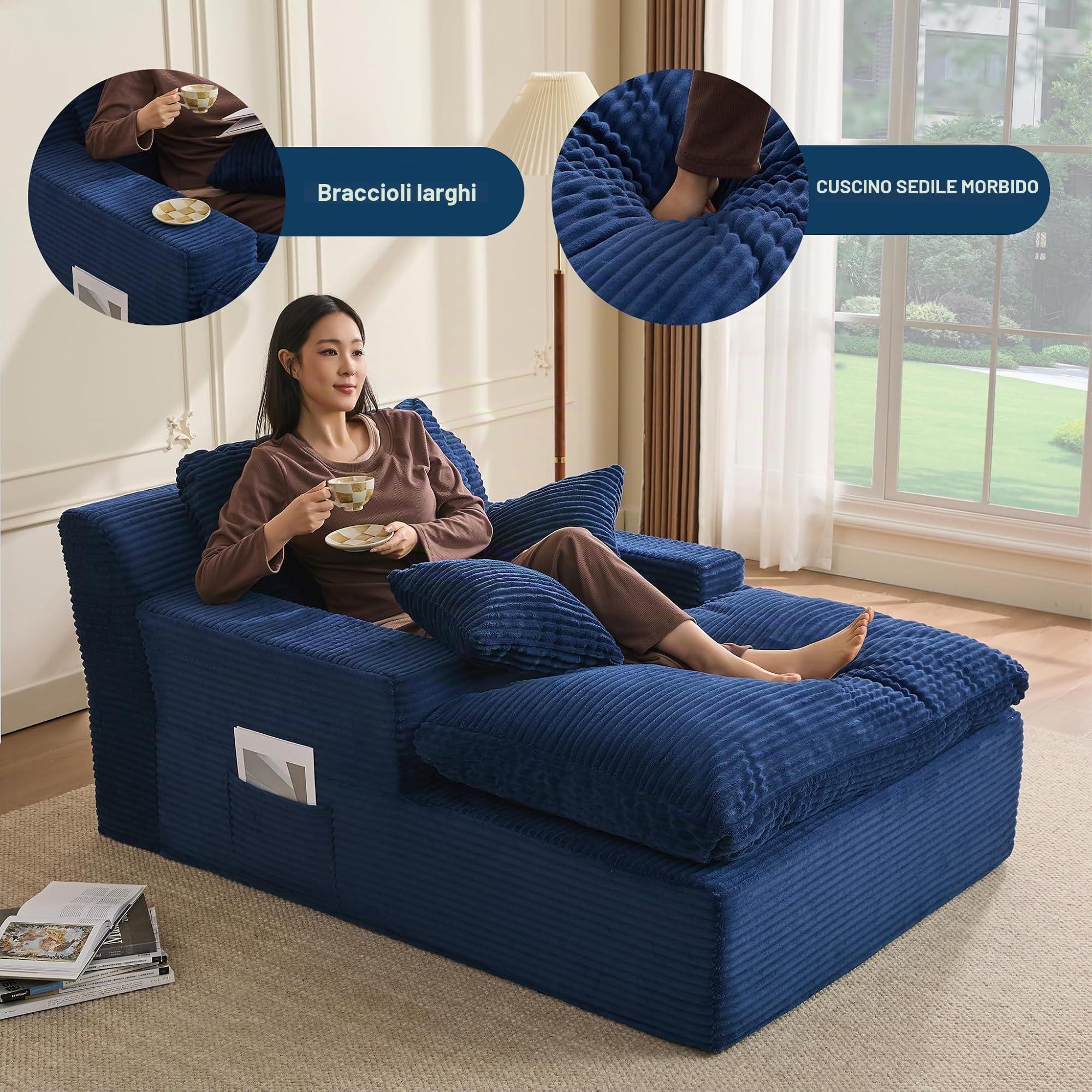 Divano Lounge 160 cm con Braccioli, Velluto a Coste (Blu navy)