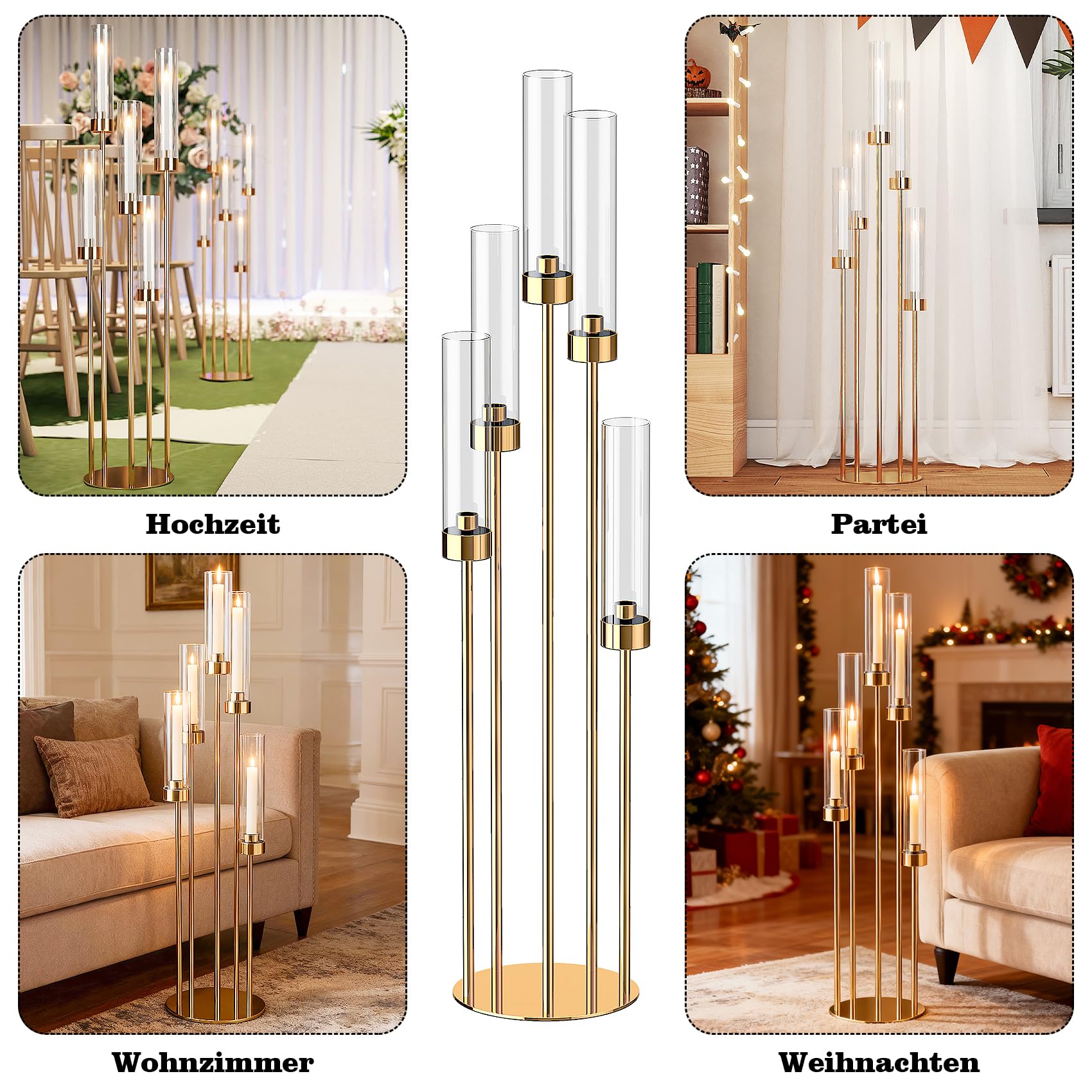 2er Set Kerzenständer 5 Arm für Hochzeitstisch,106cm Hohe Kerzenhalter mit Acryl Lampenschirm, Metall Gold Kerzenstöcke Halter für Party Home Dekoration Halloween Weihnachtstag