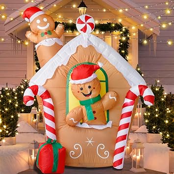 Ciaell 5.5Ft Christmas Gingerbread Inflatable - Christmas Inflatable Yard Decorations - Gingerbread Man House Blow Up Built-in LED Light for Outdoor Lawn Garden Yard Decorations