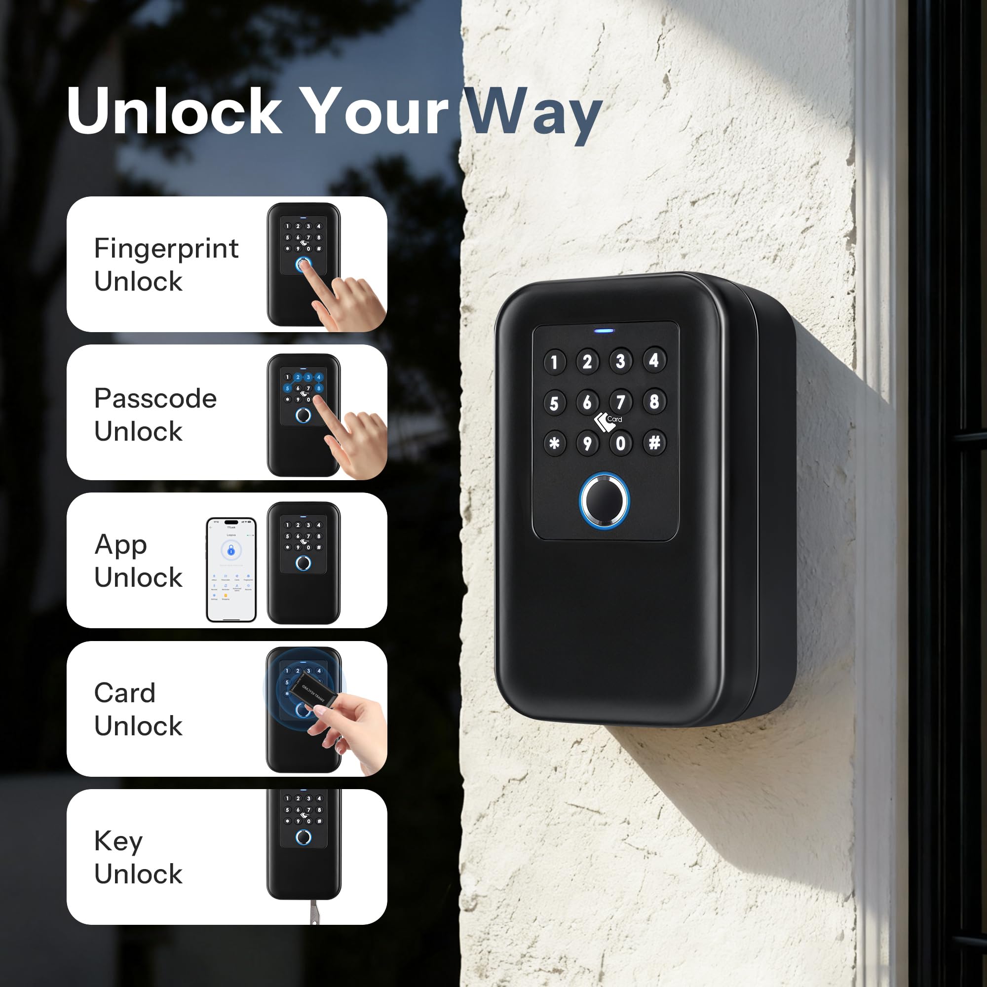 Boîte à clés intelligente avec empreintes digitales, code de passe, application TT-lock, carte d'accès et clé manuelle, étanchéité IP65, design mural ou manille pour l'extérieur, rangement de