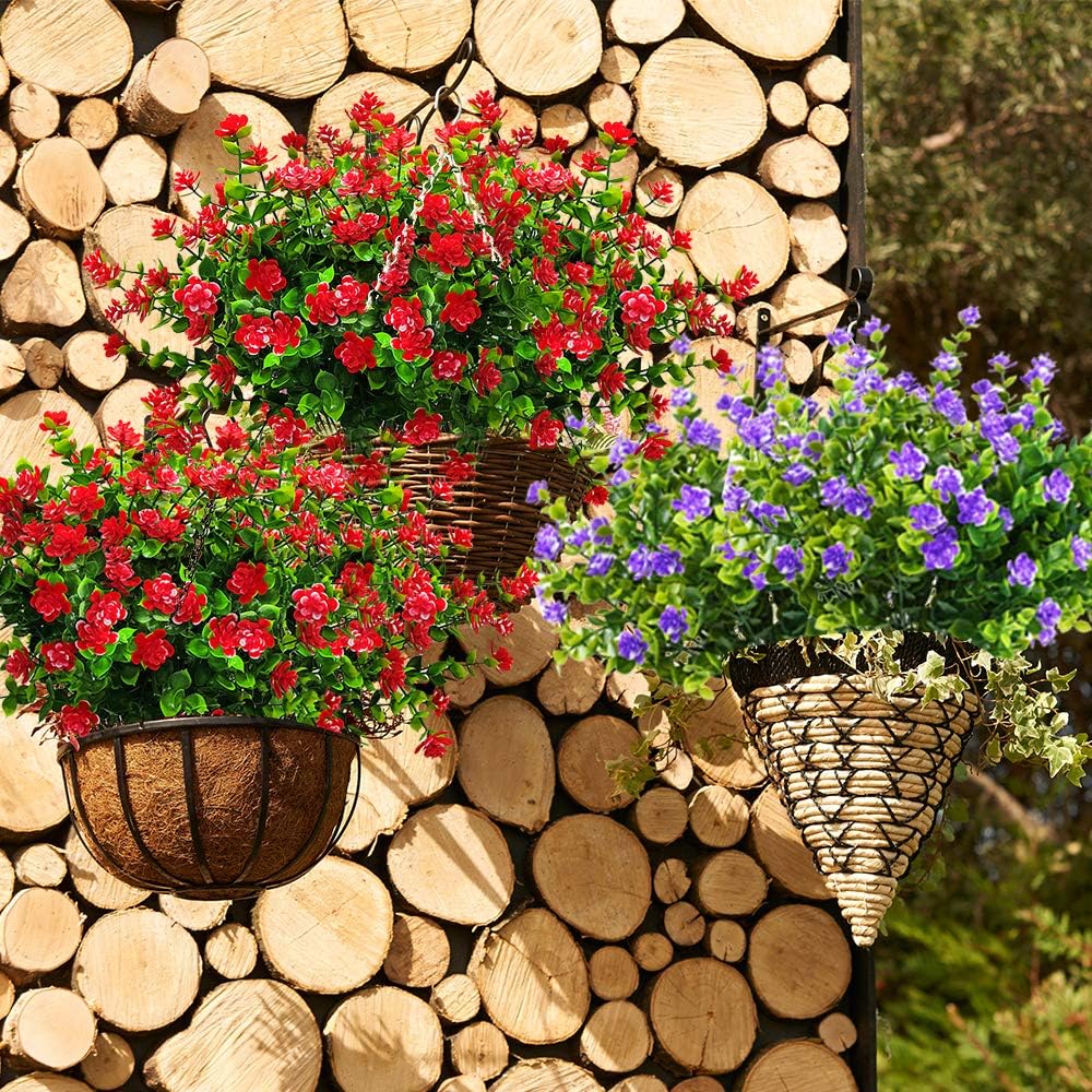 10 Bundles Artificial Fake Flowers, Faux Outdoor Plastic Plants UV Resistant Shrubs Outside Indoor Decorations (Red-Eucalyptus) - Image 6