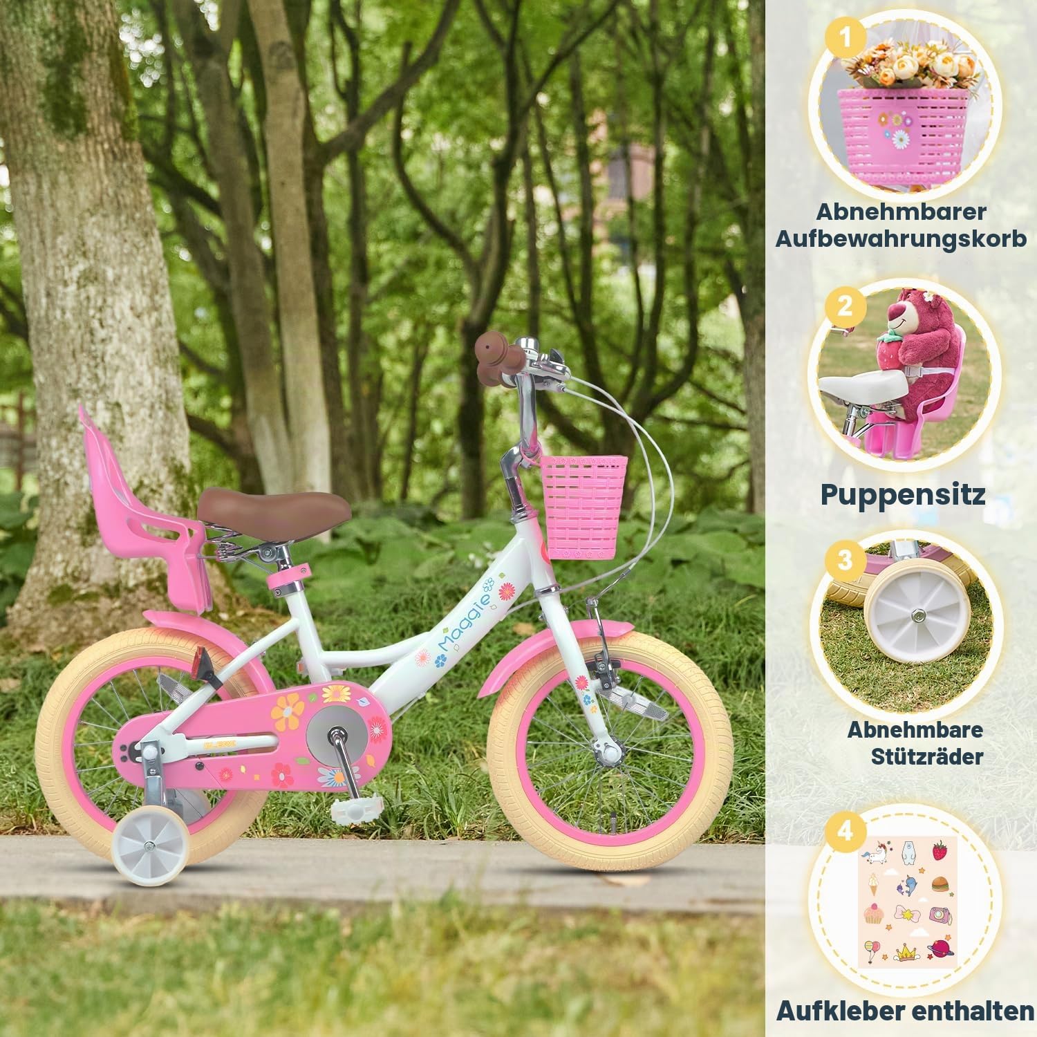 Glerc Maggie 14 Zoll Mädchen Fahrrad Alter 2 3 4 5 6 7 Jahre, Kinder und Kleinkinder Prinzessin Fahrrad Barbie Fahrräder mit Puppe-Sitz & Korb & Stützräder für Geschenk, Weiß