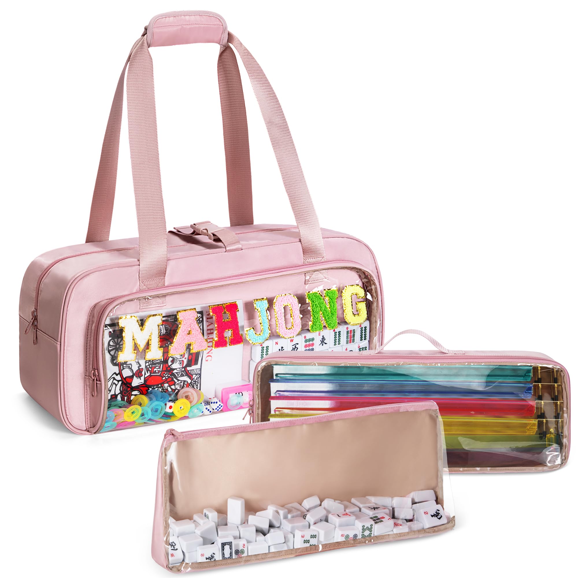 Yarwo 3 PCS Mahjong Tile Set Bag with Game Mat Empty, Clear Storage Case for Tiles, Racks & Pushers, Zippered Compartment & Sewn Chenille Letter, for Mahjong Lovers, Pink (Bag Only)