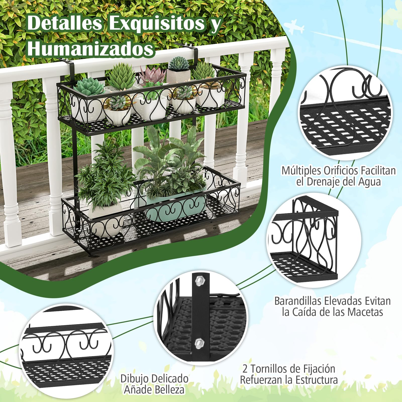RELAX4LIFE Soporte Vertical para Macetas para Balcón de 2 Niveles con Gancho Ajustable, Estantería Colgante de Metal para Terraza, Jardín, Balcón, Patio, Negro