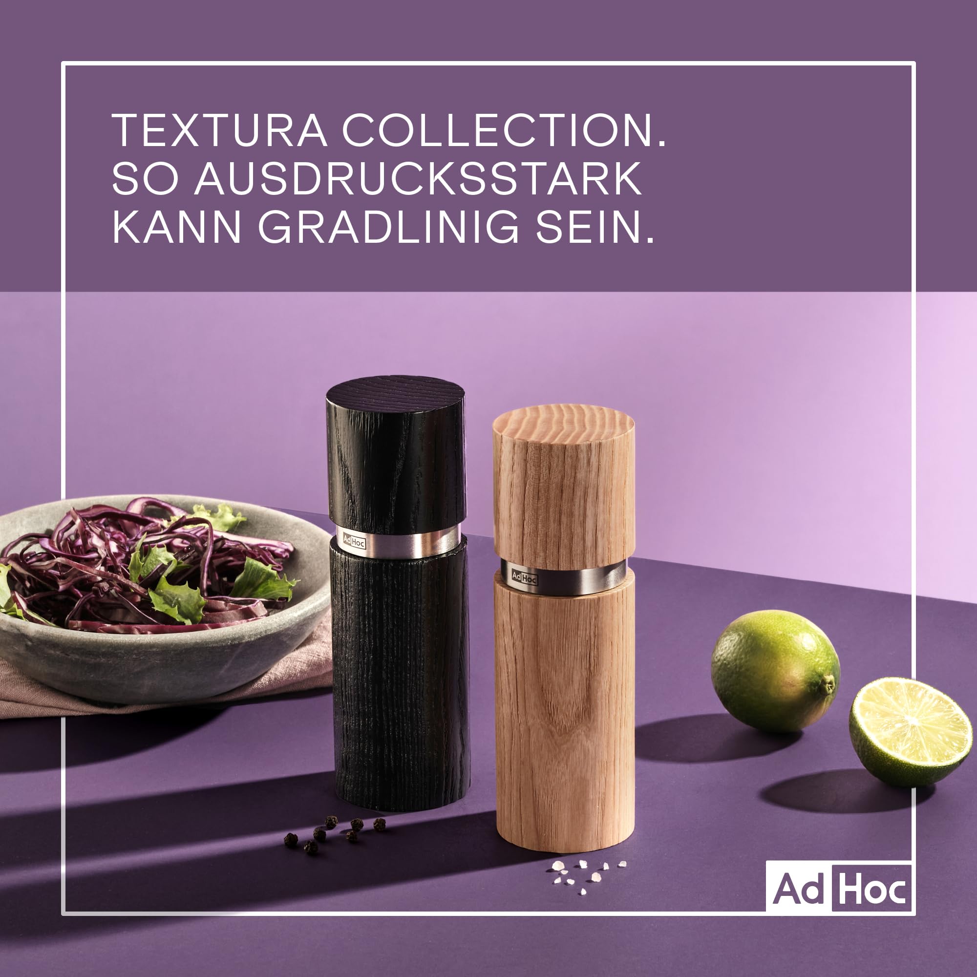 AdHoc Textura Pfeffer- & Salzmühlen Set, Gewürzmühlen aus Eschenholz | Mit CeraCut® Keramikmahlwerk für Salz & Pfeffer, stufenlos verstellbar, Edelstahl & Eschenholz, 15 cm