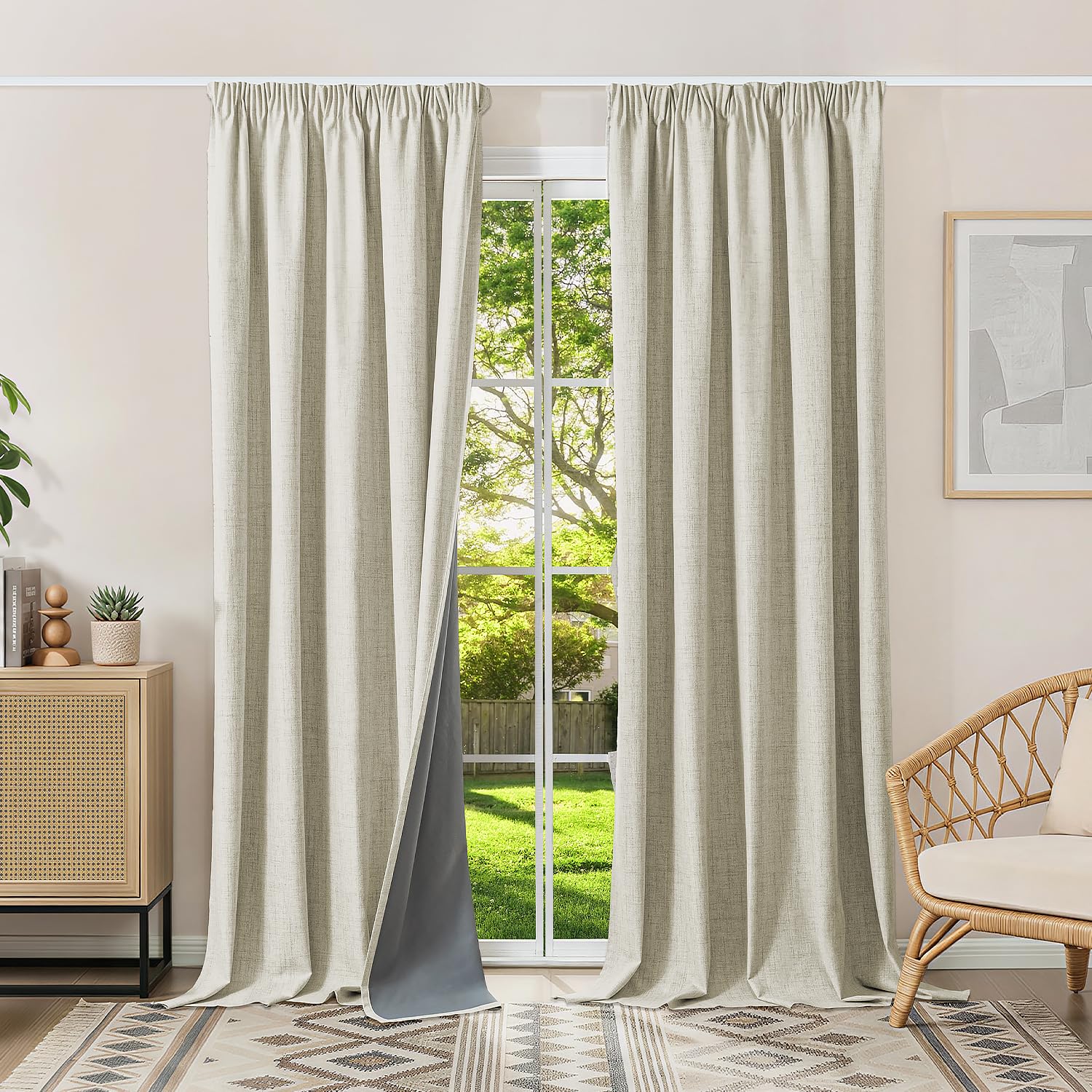 Runyéla 100% Blackout Curtains Pencil Pleat Linen Curtain for Bedroom Living Room Thermal Insulated 46 x 90 Inch Drop 2 Panels Light Beige