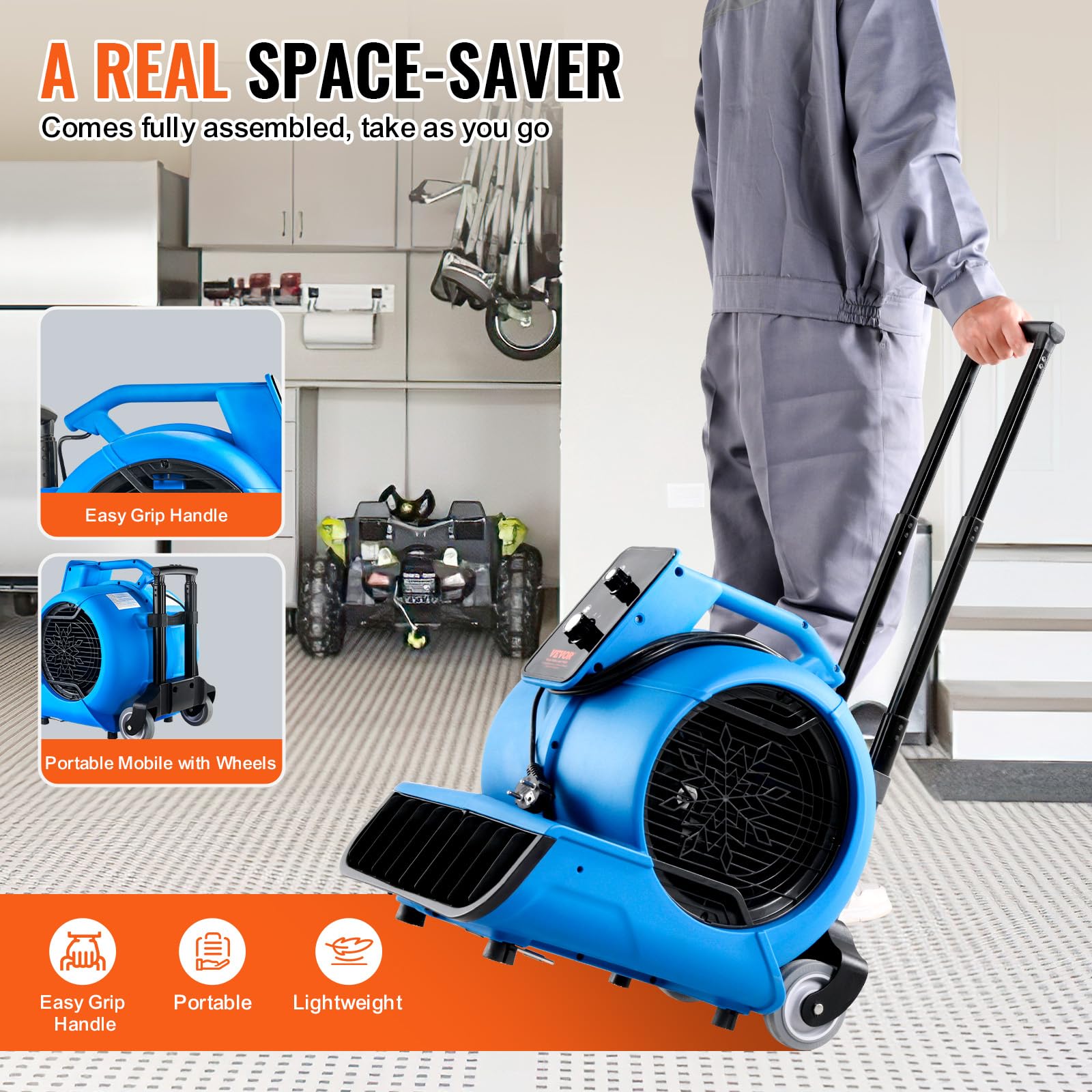 VEVOR Soffiatore da Pavimento 1400 Giri/min Ventilatore per Asciugatura Tappeti Portatile 113,26 m³/min con 3 Angoli di Soffio Temporizzatore 3 Impostazioni di Velocità per Domestico e Commerciale