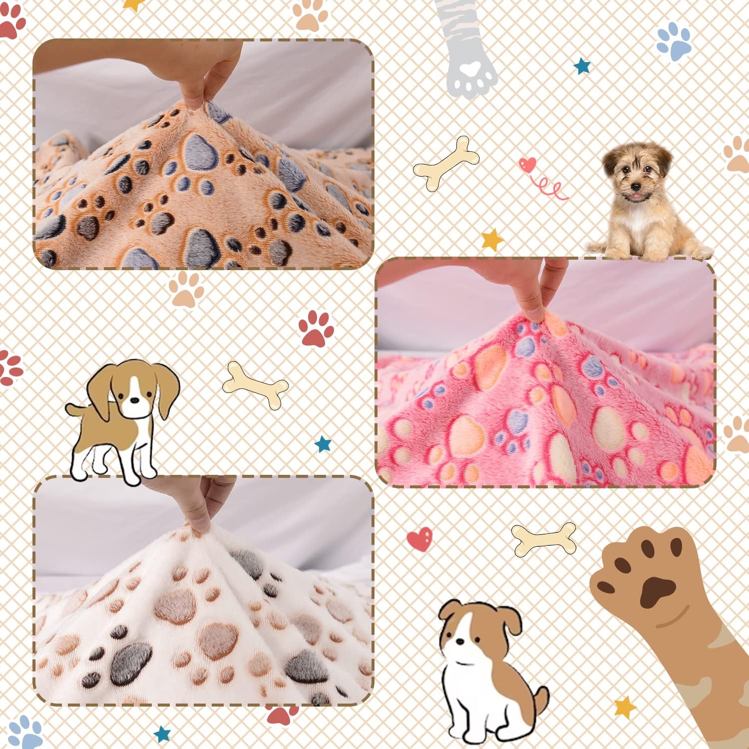 Rezutan Dog Blankets for Large Dogs, Upgraded 3 Pack Dogs Cat Blanket Washable 41" x 31", Soft Pet Throw Cover Suitable for Kennel Crate Bed, Cute Paw Pattern, White/Brown/Pink - Image 2