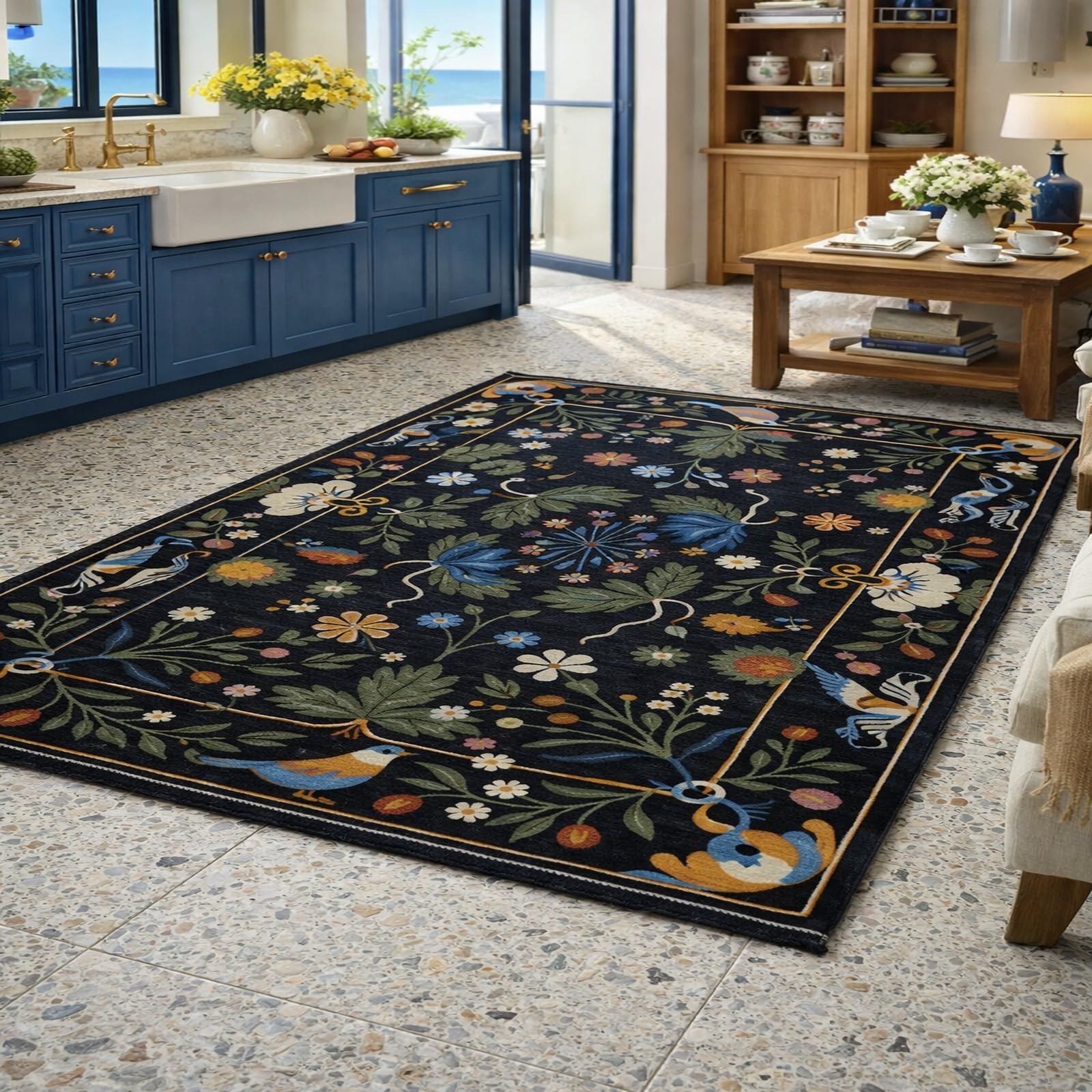 Teppiche Wohndeko für Wohnzimmer Schlafzimmer Aesthetic Room Decor,Vintage-Blumenmuster, Schwarz, Grün, Rot, Blau, Weiß, Rosa, Orange, 155 x 200 cm