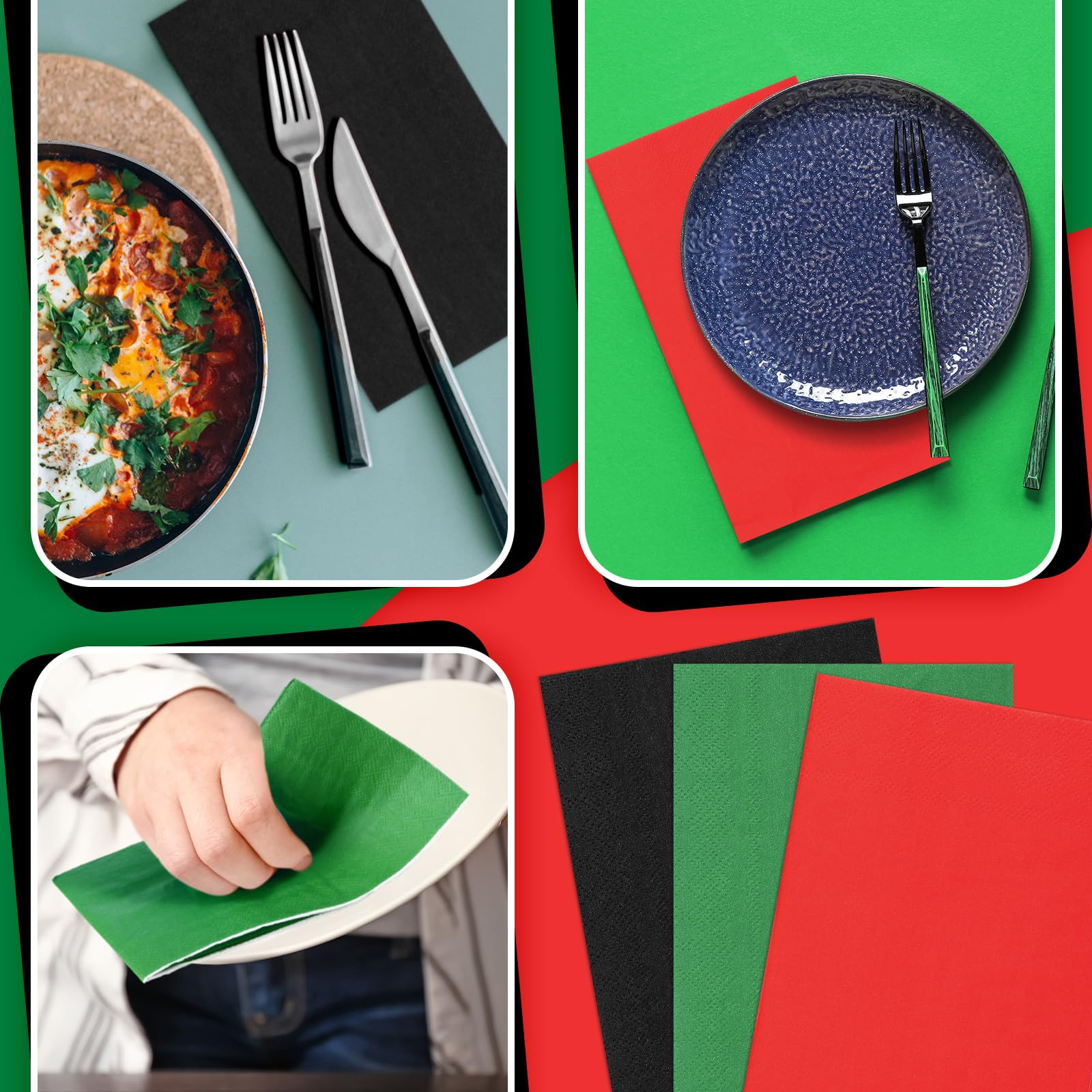Qilery Lot de 120 serviettes en papier jetables pour salle de bain, dîner, cuisine, fête (rouge, noir, vert foncé)