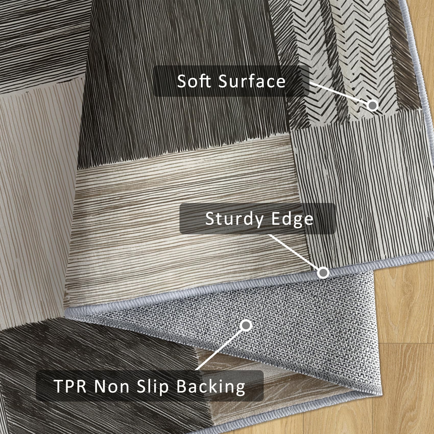 Tappeto moderno geometrico patchwork 90x120 cm antiscivolo lavabile per interni per soggiorno, camera da letto e ufficio, grigio beige